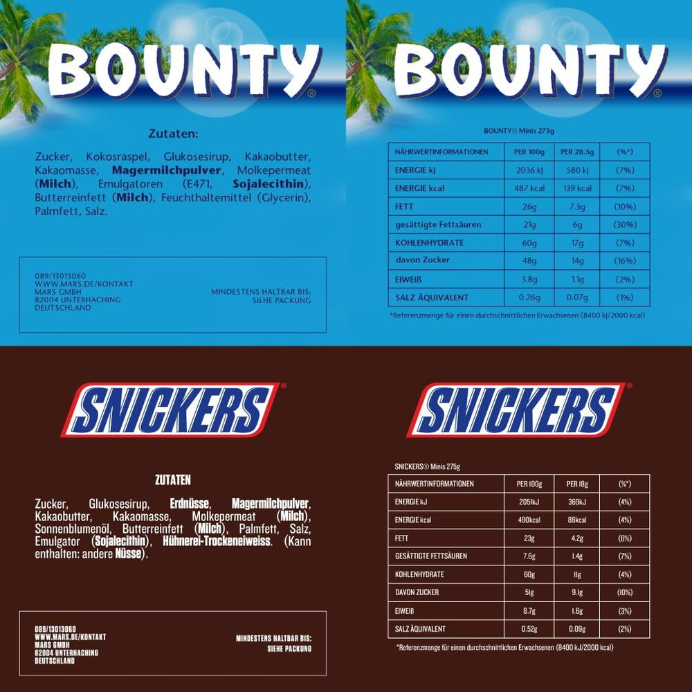 Hromadné balení mini míchané čokolády, 20 mini čokoládových svačin (Mars, Snickers, Bounty, Twix, Milky Way), jako bonbón, čokoládový dárek, bonboniéra, 400 g