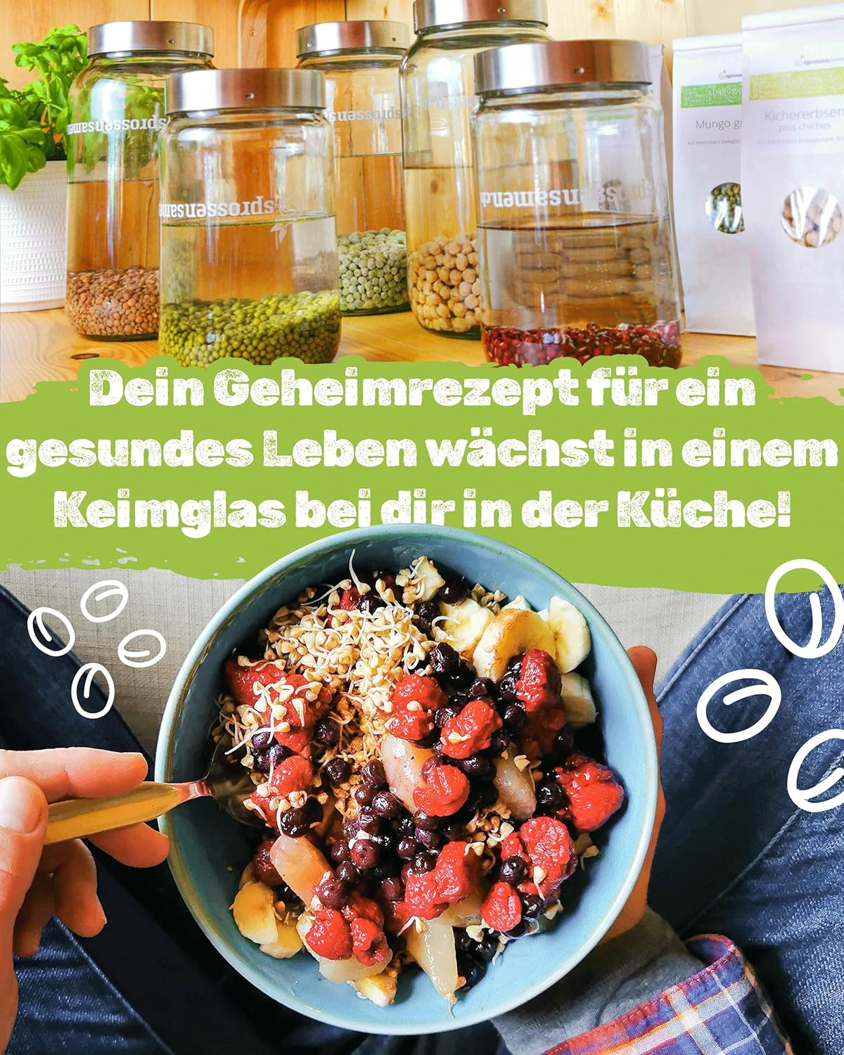 Sada nakličovacích nádob 3100 ml s dárkovou sadou - Bio Fitness Mix, Power Mix a Detox Mix, každá 75 g - Klíčící nádoba - vč. víko sklenice, stojan a sítko