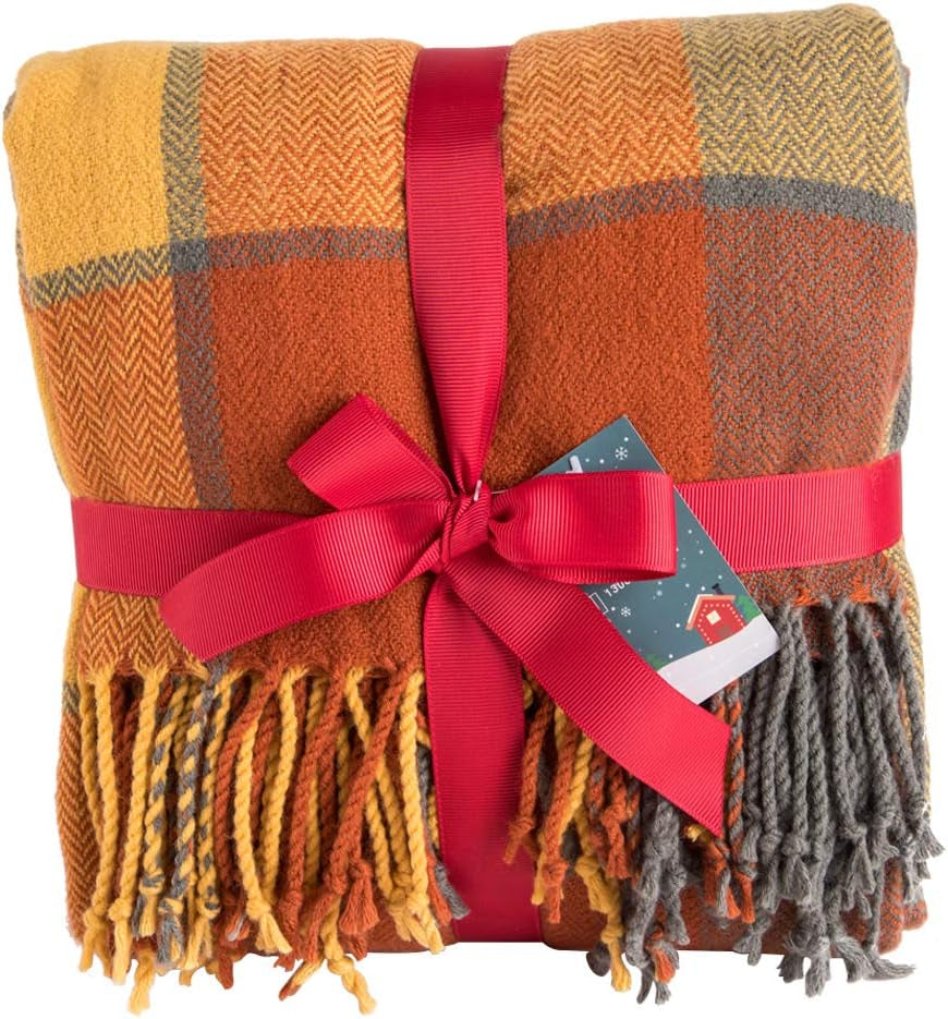 G Lake Orange kostkovaná deka Throw Akryl Měkký Oboustranný barevný přehoz s třásněmi Dárek pro vánoční dekorace 127 Cm Š X 170,2 Cm L-dýňová oranžová Postele a přikrývky G Lake Pumpkin Barva 50 In X 67 In