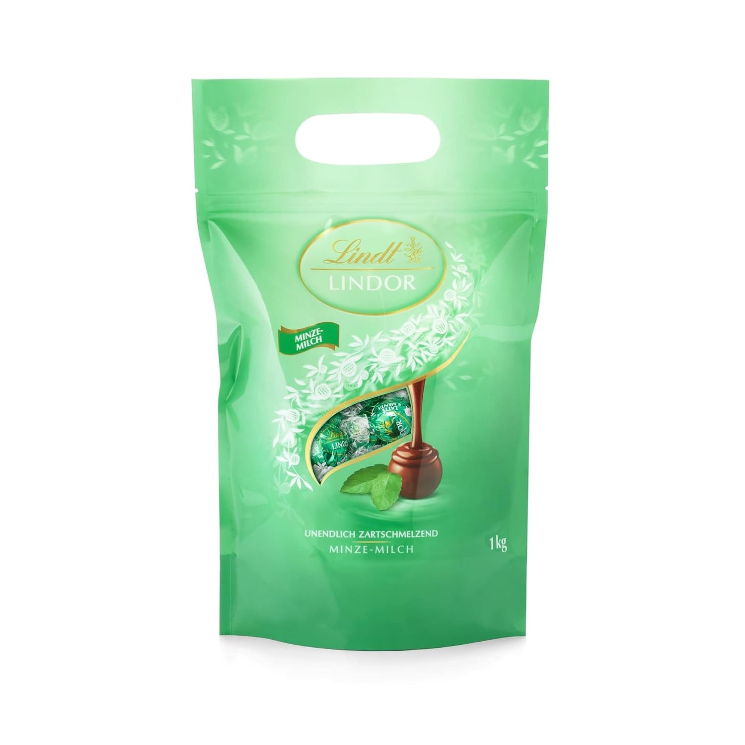 LINDOR kuličky bílé čokolády, 1 kg a LINDOR | 1 kg uzavíratelný sáček | cca. 80 kuliček z mléčné čokolády s mátovou náplní | Hromadné balení, pralinkový dárek, čokoládový dárek