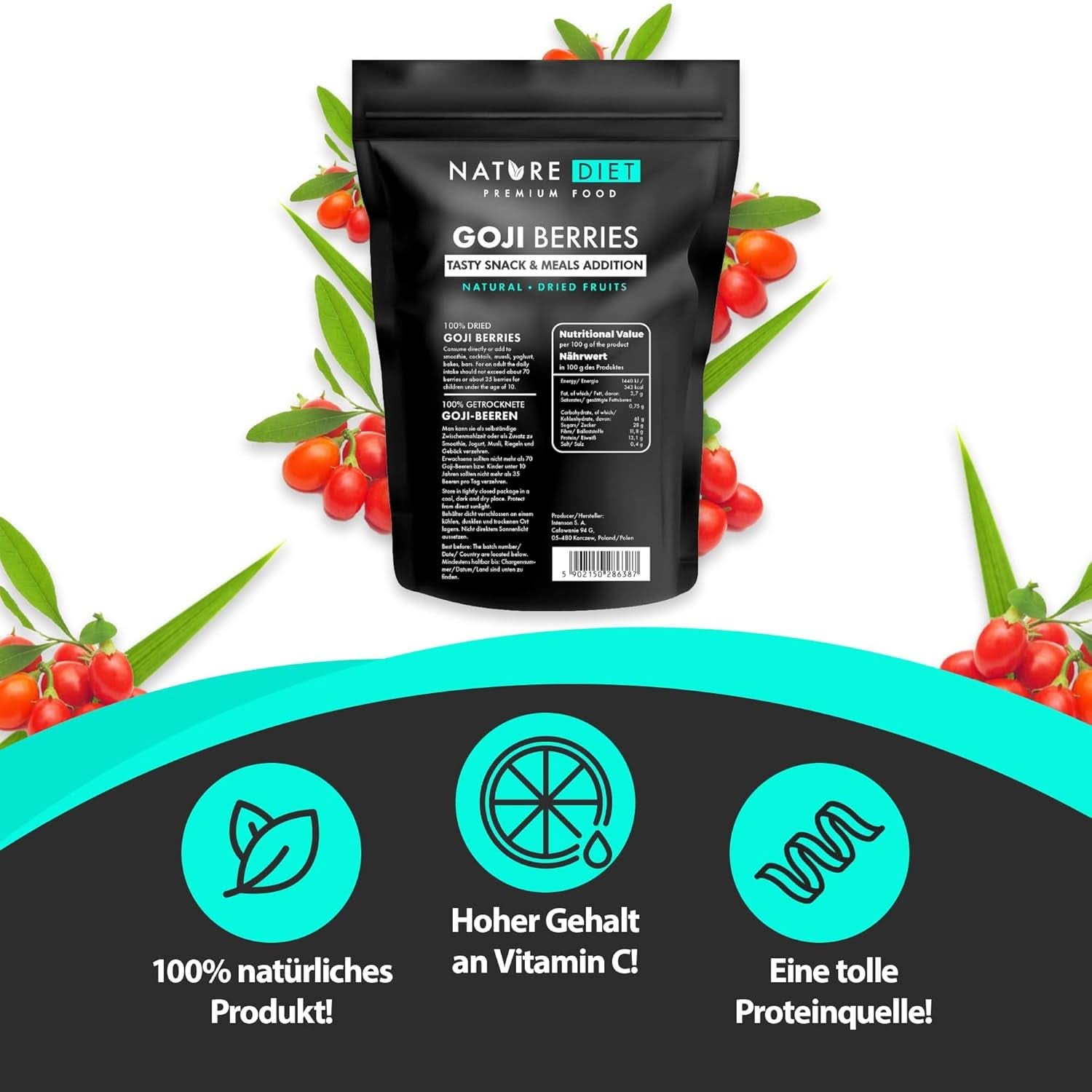 Nature Diet - Goji berries 1000 G | Fructe de pădure uscate Produse deshidratate Naty Shop