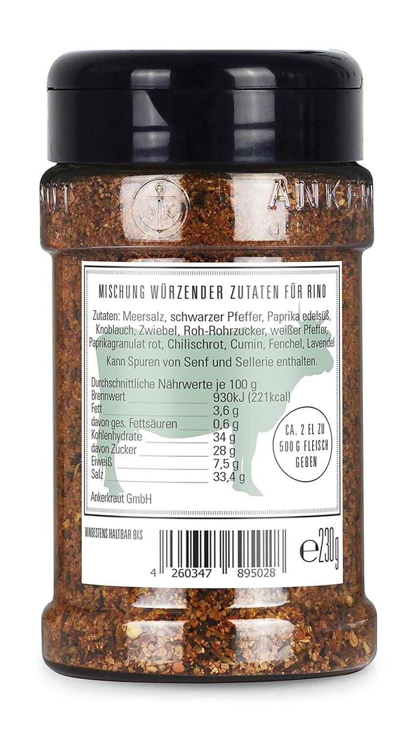 Ankerkraut Für Rind, Gewürz für Fleisch zum Würzen mit Aroma & Gesmack, lecker Kochen zu Hause, Steak Spareribs Brisket Braten würzen v Premium Qualität, 230 g im Streuer