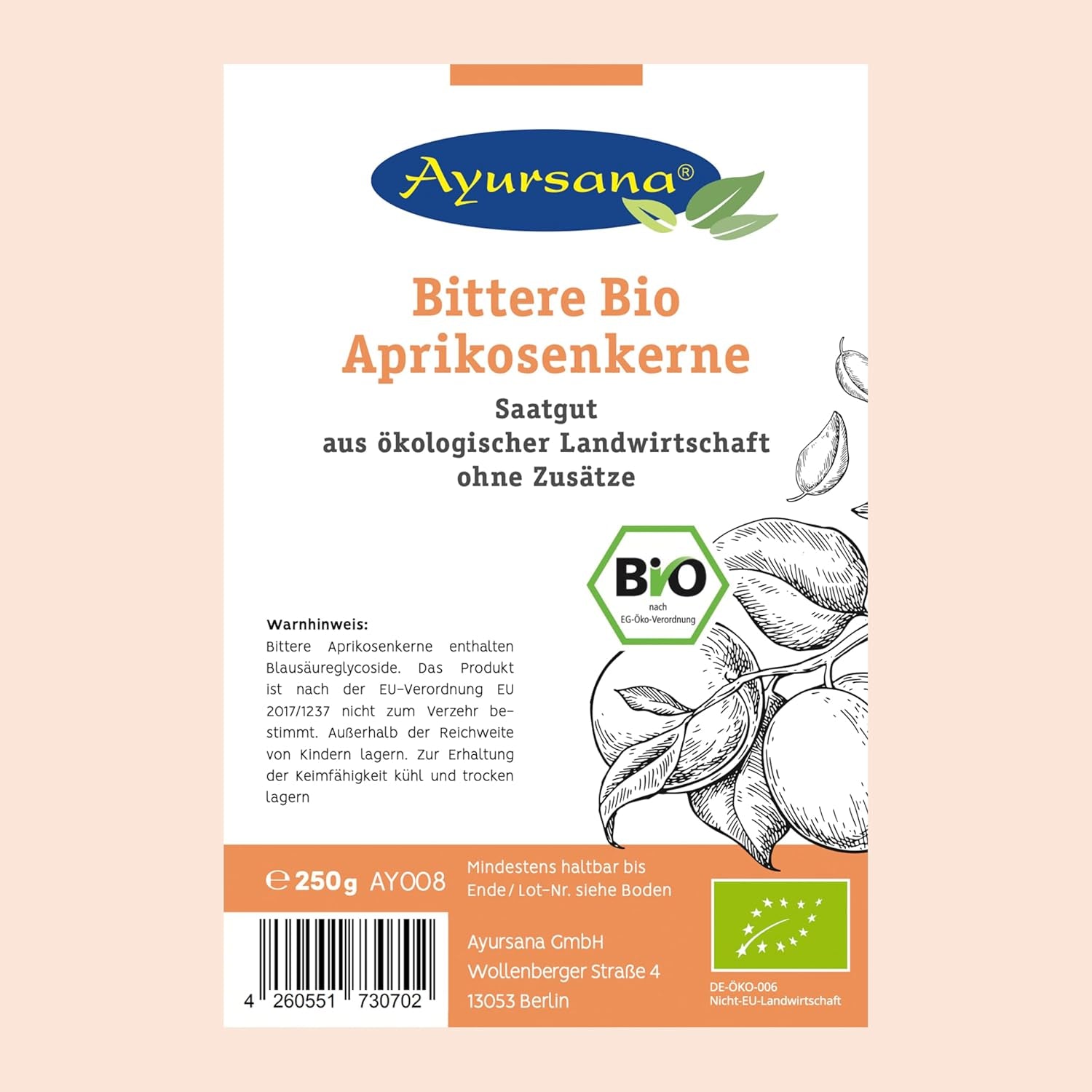 Ayursana Bittere Aprikosenkerne - Saatgut - Sehr Hoher Amygdalin-Anteil - Schadstoffgeprüft Im Deutschen Labor - Bio-Qualität