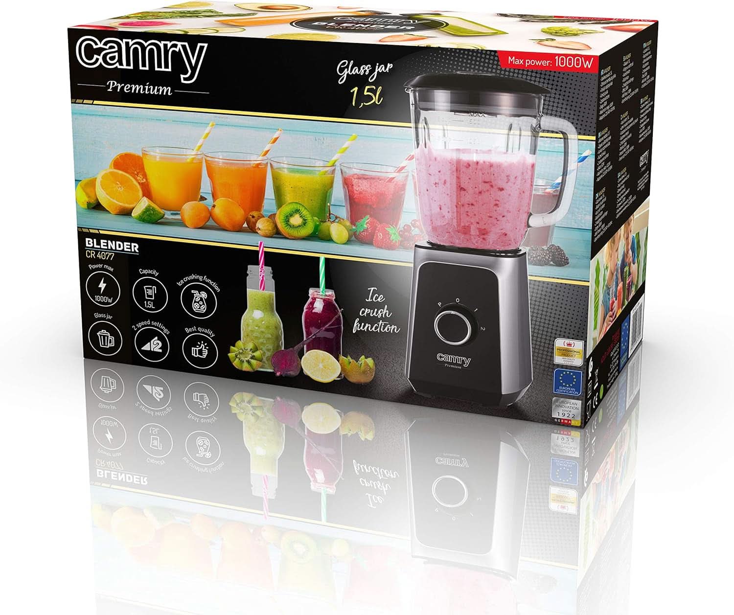 CR 4077 Standmixer Mit 1,5L Glasbehälter, Smoothie Maker, Hochleistungsmixer, Mahlung, Eis-Zerkleinerung, Pulsfunktion, Edelstahlklingen, 2 Geschwindigkeiten, 1000W, Schwarz/Silber Bucatarie Naty Shop