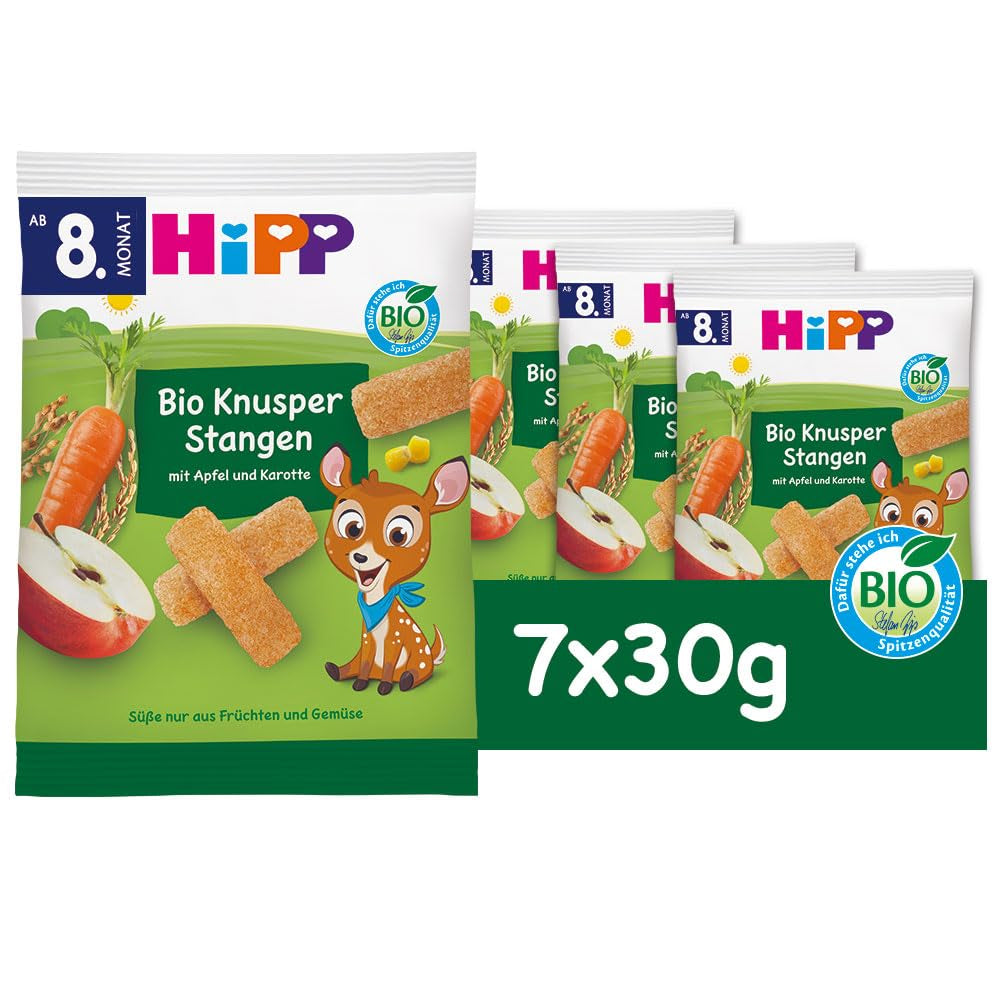 HiPP Bio Knusper Stangen Apple Karotte (7 x 30 g), Babysnack ab 8. Monat, Süße nur aus Früchten und Gemüse, glutenfrei, v nejlepší Bio-Qualität