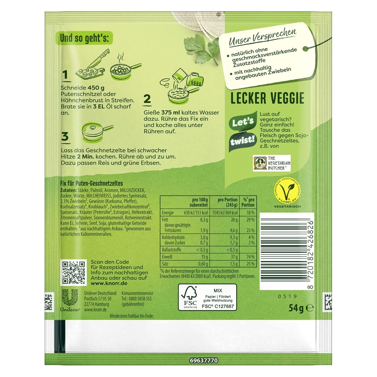 Knorr Fix Puten-Geschnetzeltes für ein leckeres Fleischgericht ohne geschmacksverstärkende Zusatzstoffe 3 Porce