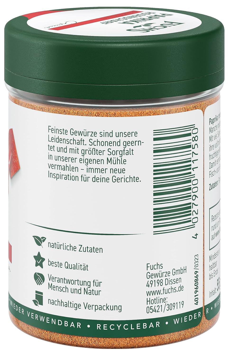 Fuchs Gewürze - Paprika rosenscharf gemahlen - schärfer Gesmack für Gulasch, Eintöpfe oder Gemüsegerichte - přírodní ingredience - 55 g v wiederverwendbarer, recyclebarer Dávka