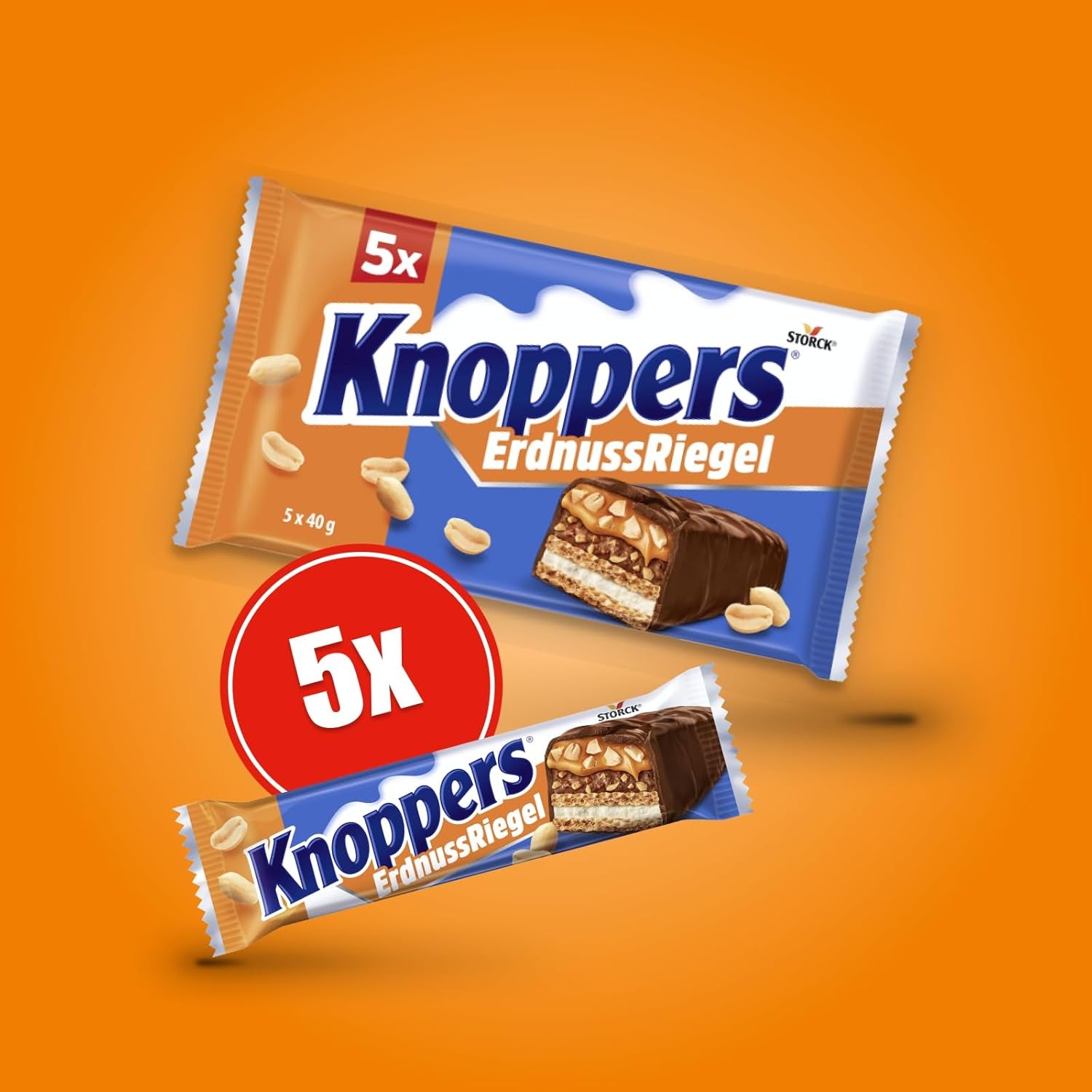 Knoppers Arašídová tyčinka – 1 x 200 g (5 tyčinek) – tyčinka z mléčné čokolády s arašídovým krémem, nasekanými solenými arašídy, karamelem a mléčnou čokoládou