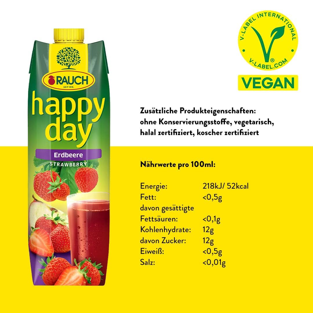 Rauch Happy Day Jahoda | Intenzivní jahodová příchuť | Rafinovaný s jablky a citronem | 6X 1 litr, Tetra Prisma Nealkoholické nápoje Naty Shop