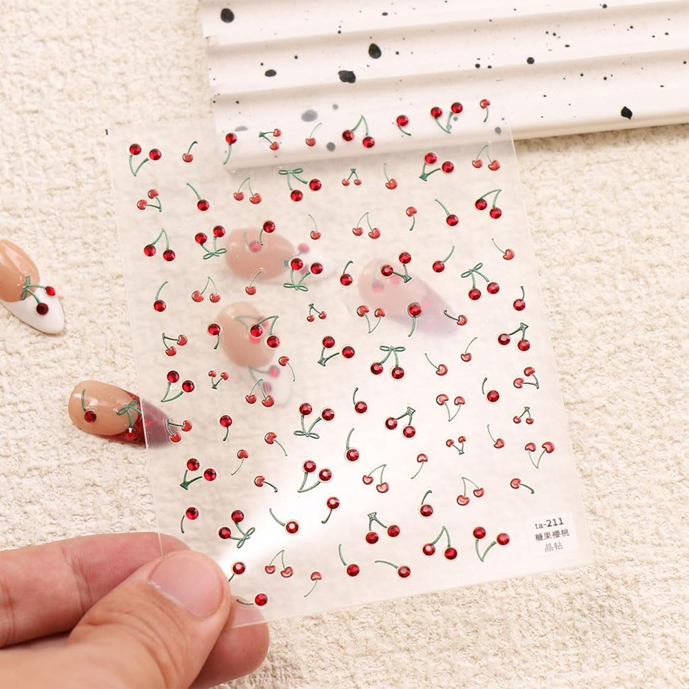 JMEOWIO 3D Nagelsticker Kirsche Nail Art Sticker Selbstklebend Nagelaufkleber 5D Stereoskopisch Dekoration Nageldesign Zubehör 1 Blatt