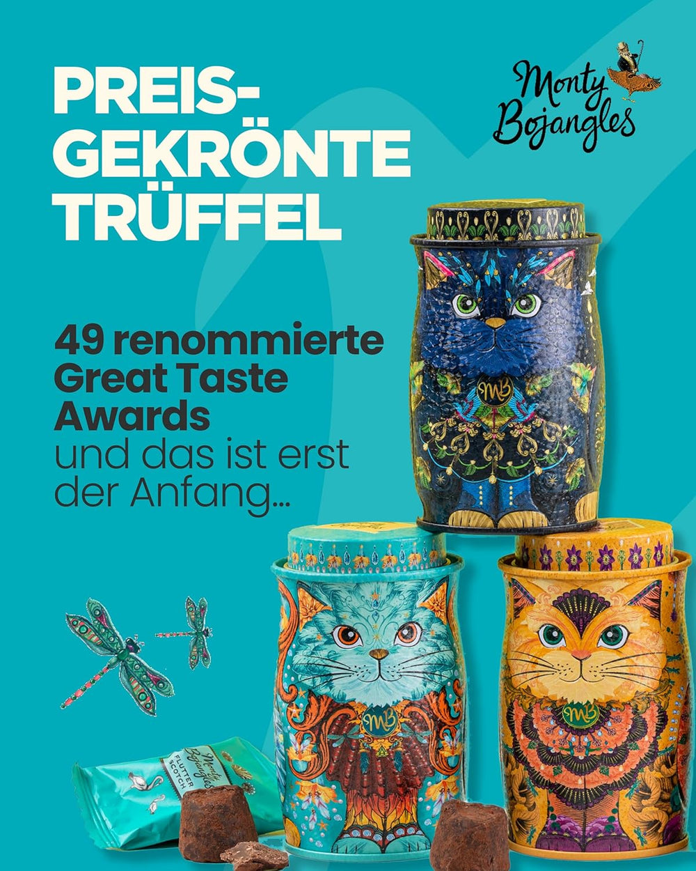 Monty Bojangles Zlaté čokoládové lanýže Savanna (135 g) Kakaový prášek Pralinky Dárková sada v individuální sběratelské krabičce s kočičím designem Flutter Scotch Flavor