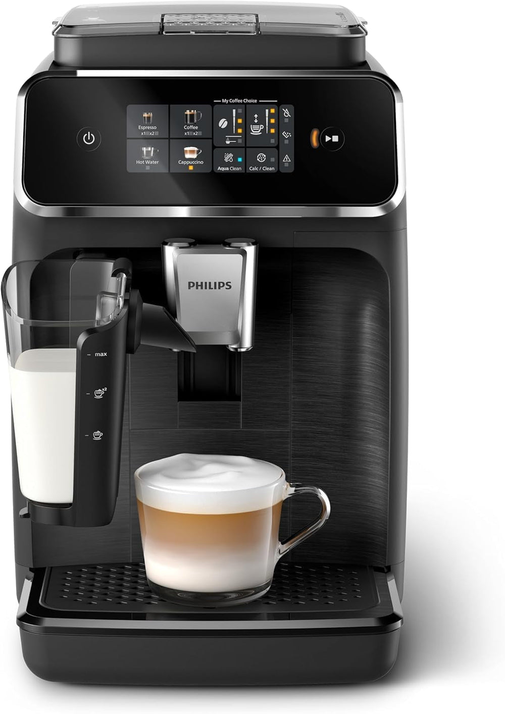 Espressor automat PHILIPS seria 2300 - 4 băuturi, ecran tactil color modern, sistem de preparare a laptelui LatteGo, SilentBrew, râșniță 100% ceramică, filtru AquaClean. Negru mat (EP2330/10)