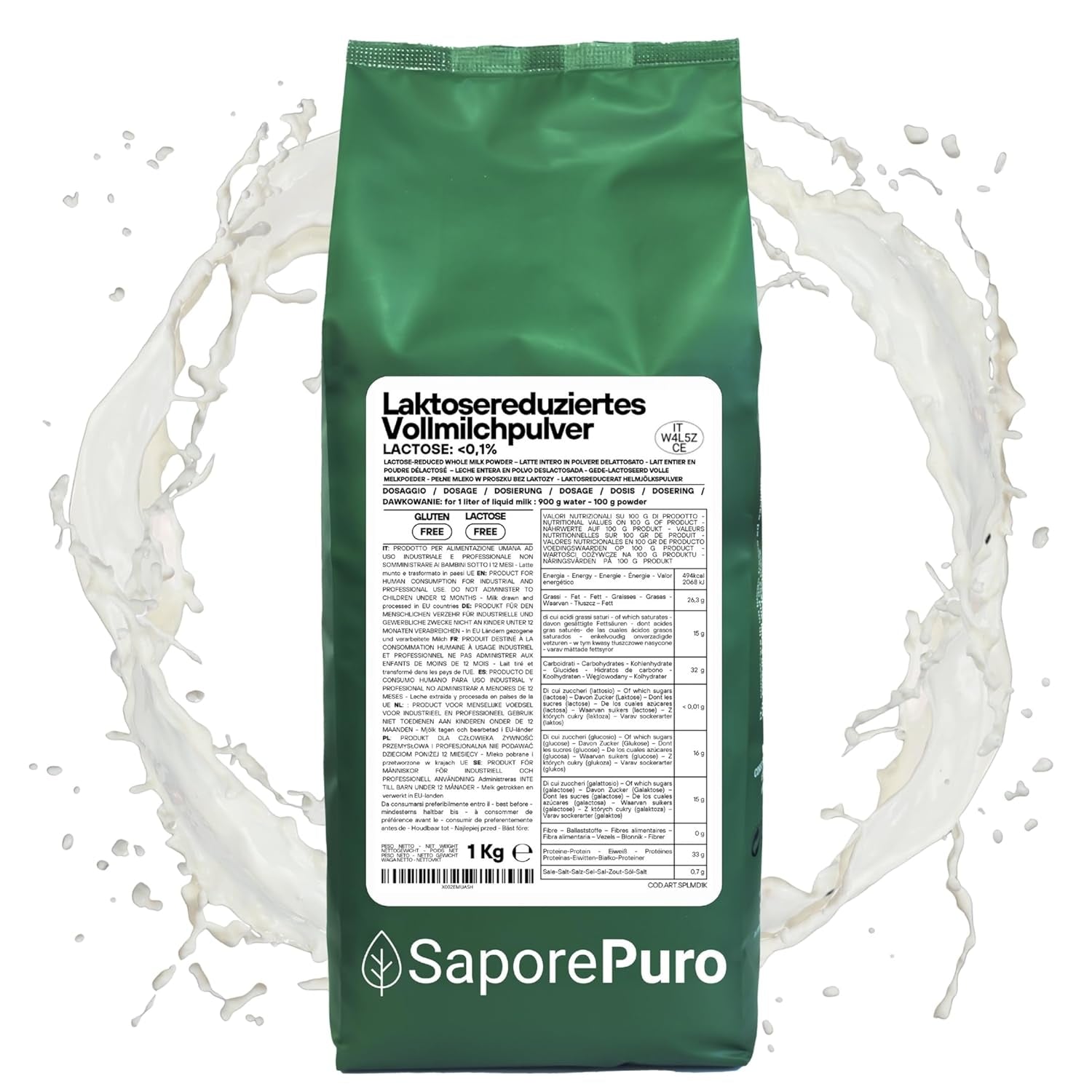 Laktosefreies Vollmilchpulver 1 kg | Hohe Löslichkeit | Ideální pro pečivo, chléb a potraviny Profesionální a průmyslové použití Bezlaktózový Bezlepkový