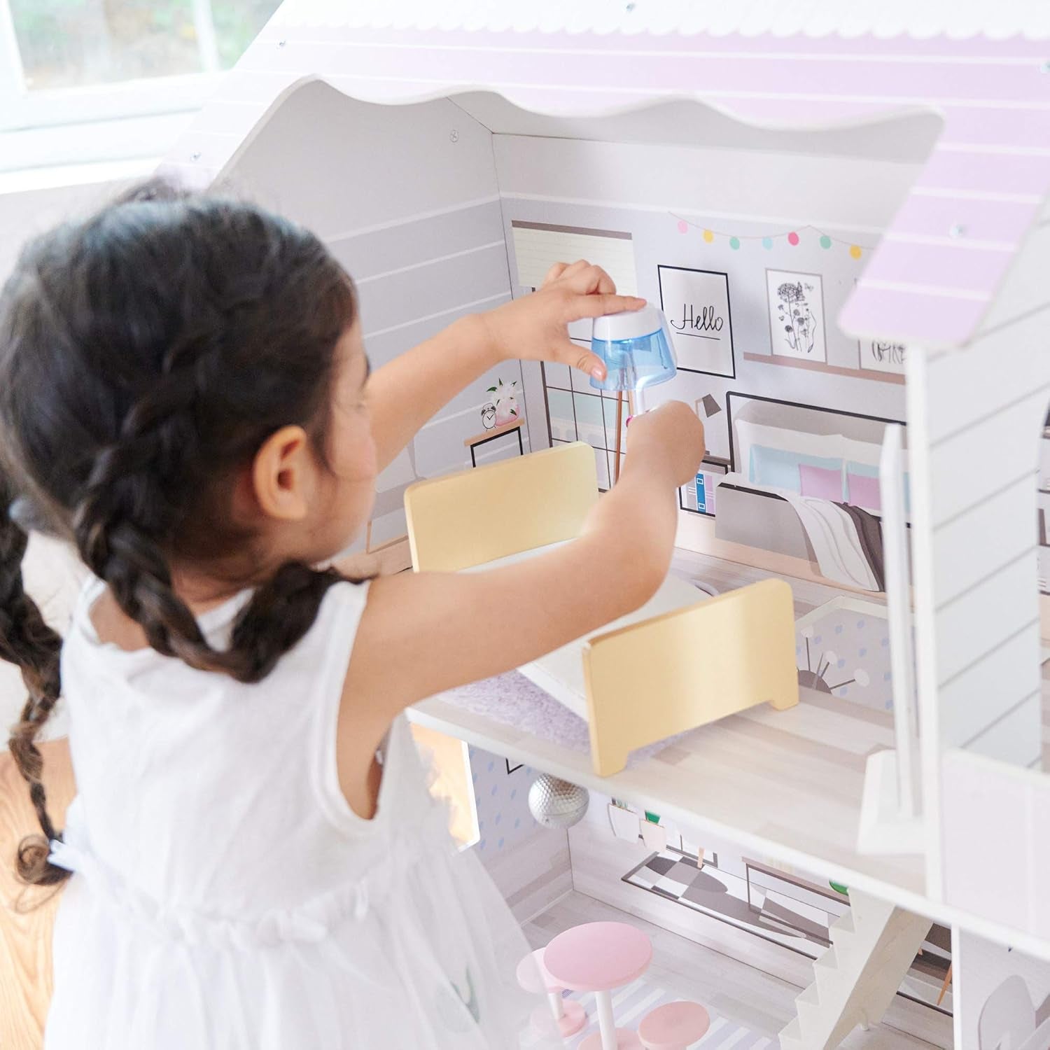 Teamson Kids Casa de păpuși gigantică Olivia's Little World cu 16 accesorii pentru păpuși, casă de păpuși din lemn cu mobilier, cu 3 etaje, casă de păpuși pentru copii de 30 cm, vârste 3+