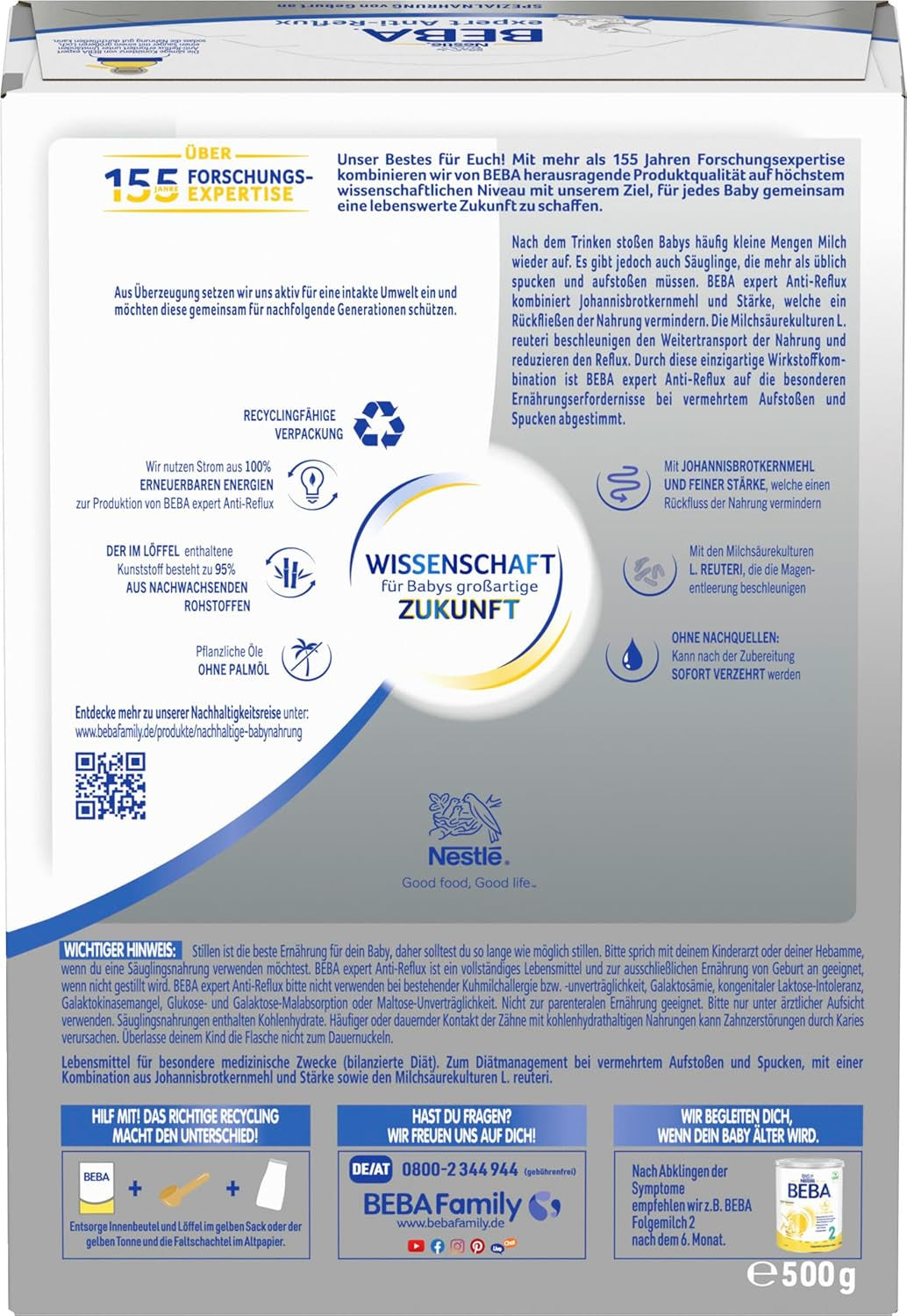 BEBA expert Anti-Reflux - AR Speciální složení od narození, pro zvýšené říhání a zvracení, kojenecká výživa, sušené kojenecké mléko, 1 balení (1 x 500 g)