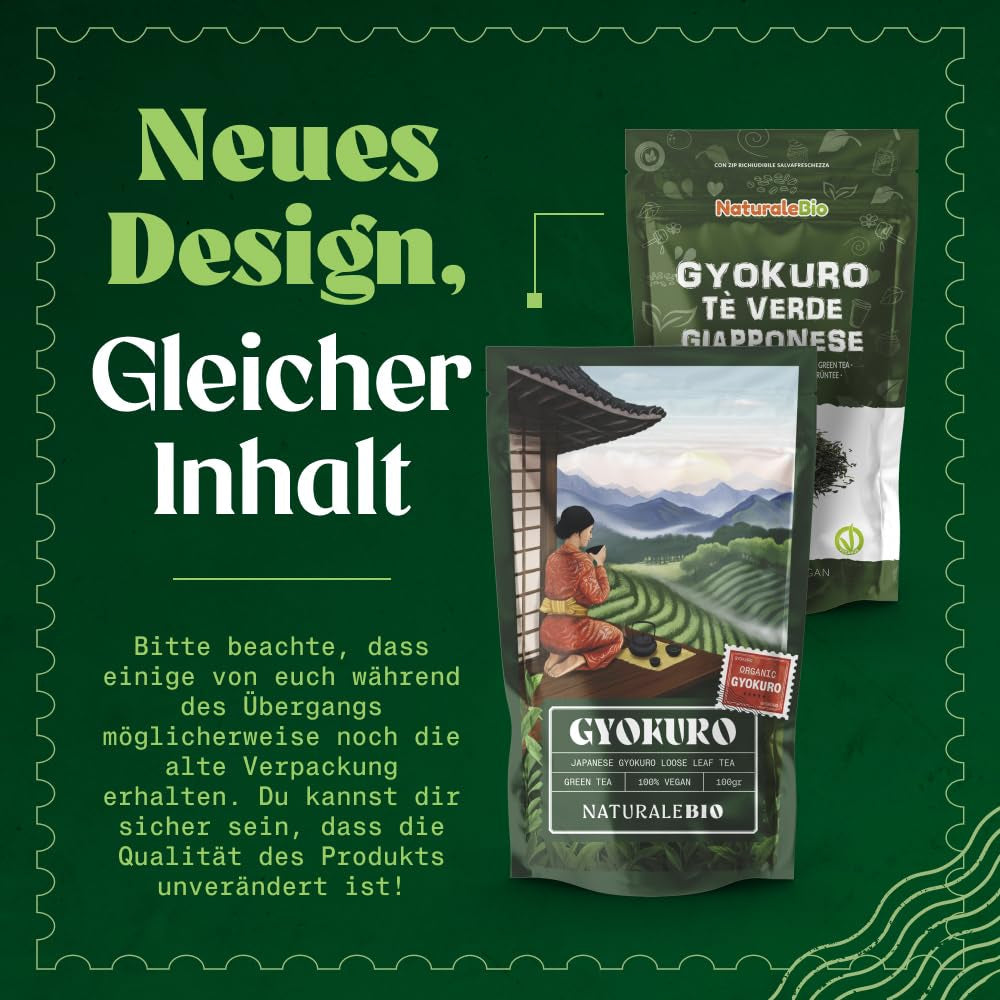 Naturalebio Ceai verde japonez Gyokuro. 50G Ceai organic. Natural și pur. Produs de calitate original din Japonia. Plăcere organică de înaltă calitate, cultivat tradițional pentru un gust optim.