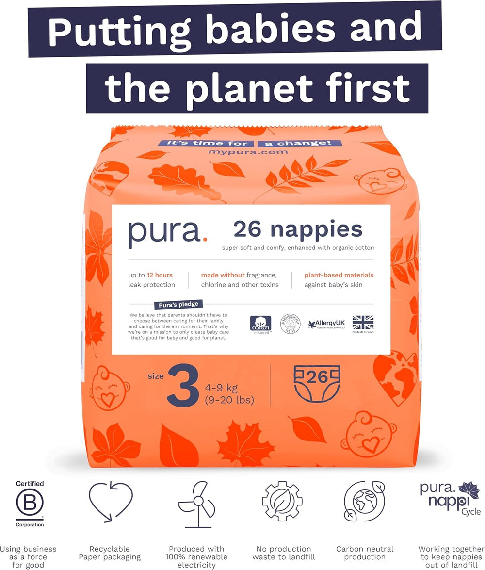 Ekologické dětské plenky – velikost 3 (4-9 kg), 1 balení (26 plen), ultra jemné plenky pro citlivou pokožku, organická bavlna, ochrana proti vytečení až 12 hodin, nový průvodce velikostí