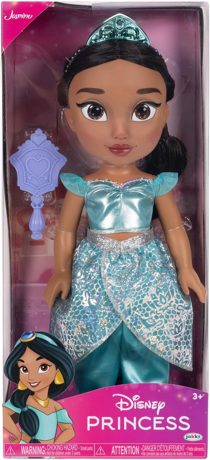 Disney Princezna Jasmin Puppe 35 cm, reflexní lesk, bewegliche Gelenke, ausziehbares Outfit, Schuhe, Krone, langes geflochtenes Haar, für Mädchen ab 3 Jahren
