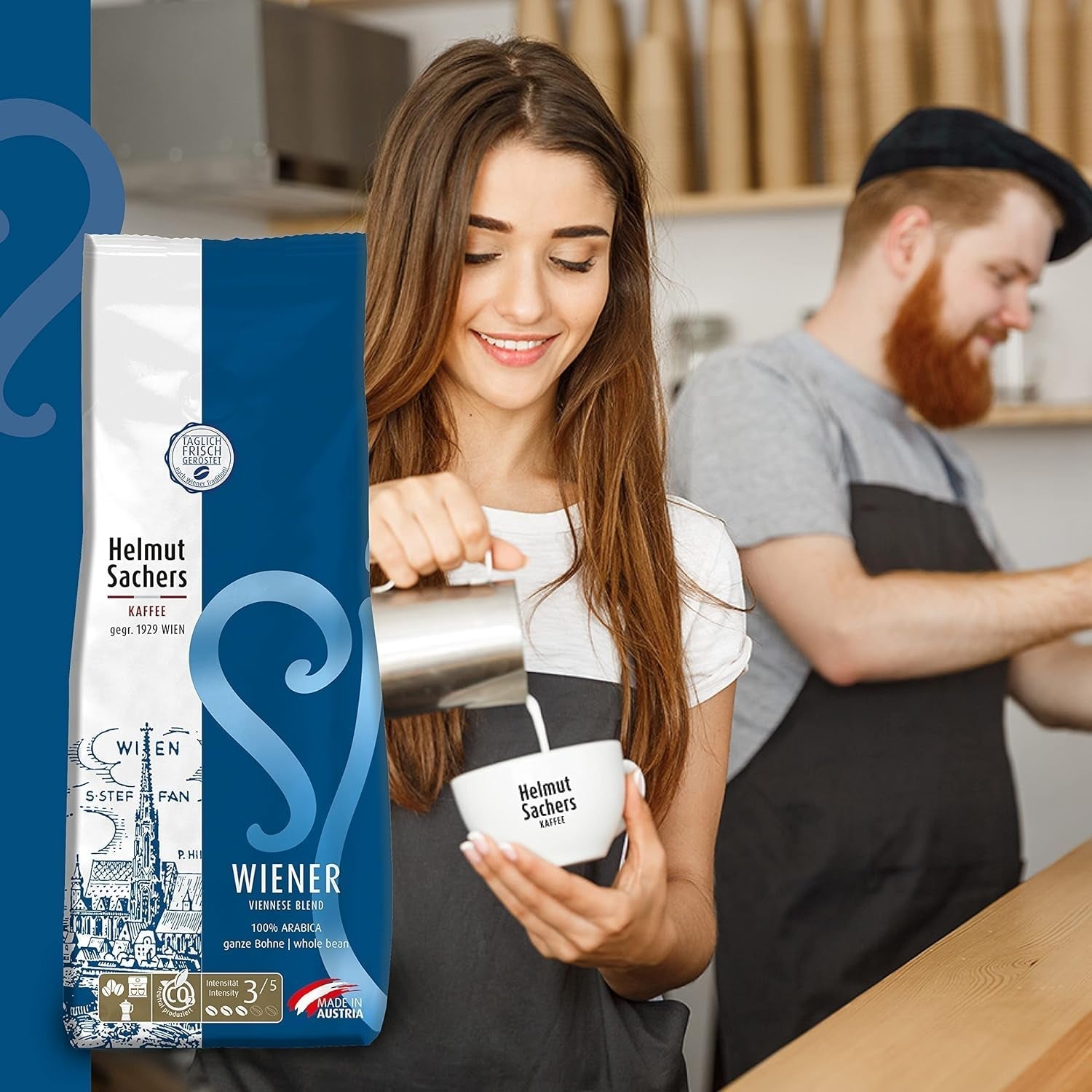 Helmut Sachers Kaffee – vídeňská směs, síla 3/5, 100% Arabica, celá kávová zrna, 6 x 500 g Naty Shop