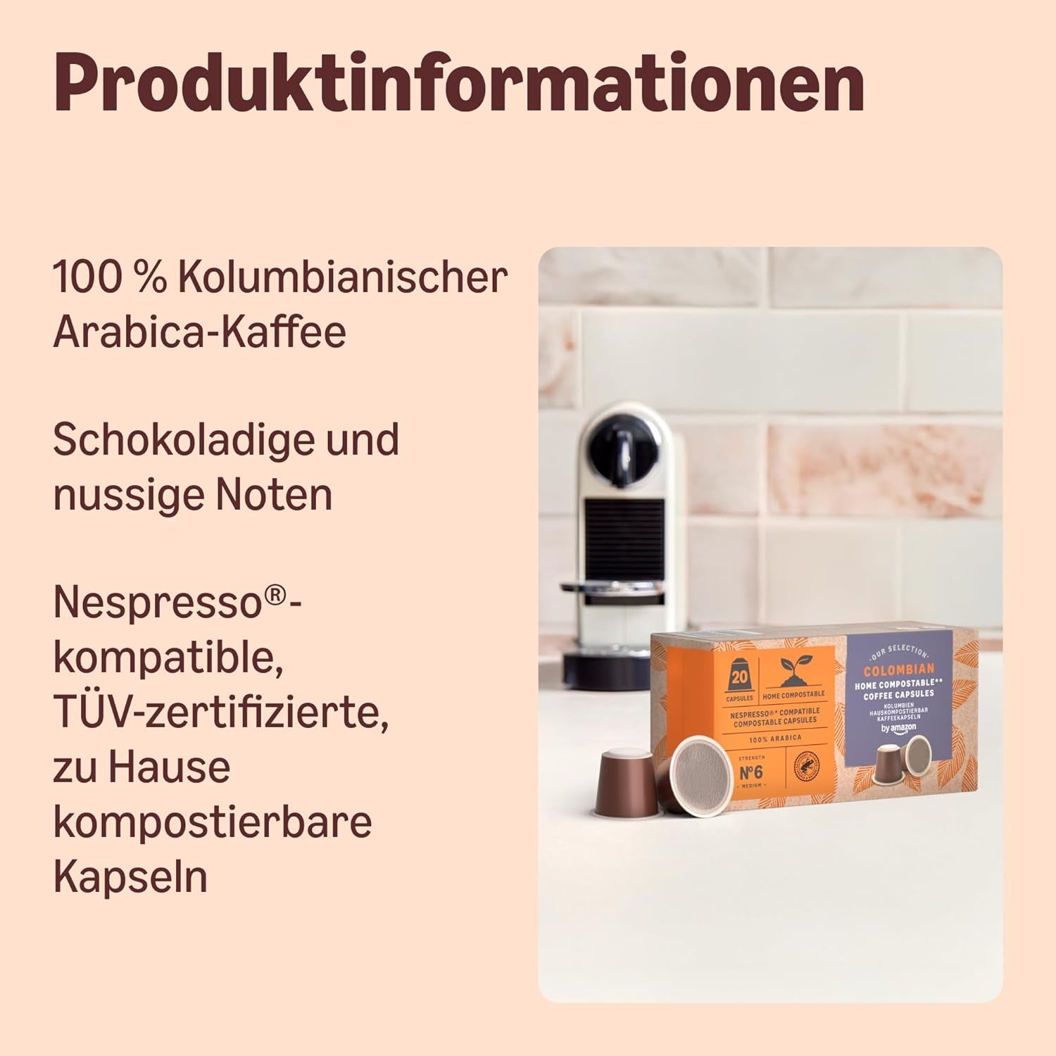 By Amazon Hauskompostierbare Kaffeekapseln, kompatibel mit Nespresso, 100 % kolumbianischer Arabica, 20 Stück – Rainforest Alliance-zertifiziert