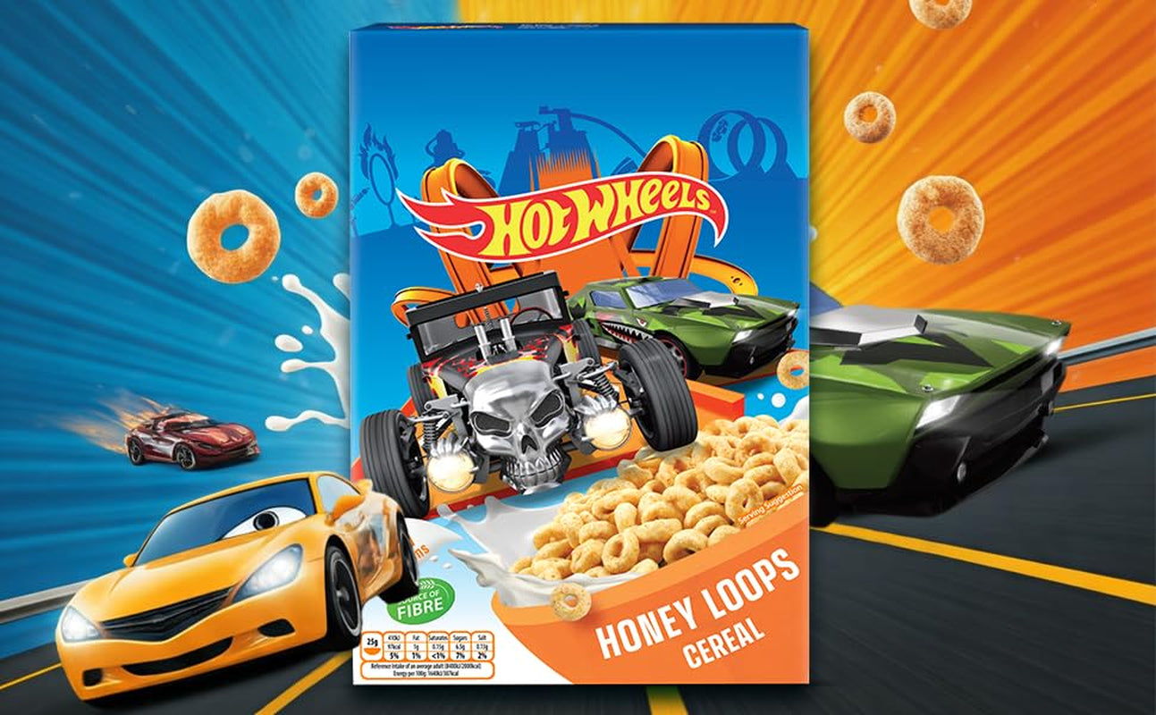 Hot Wheels Honey Loops Crunchy Celozrnné snídaňové cereálie s přidanými vitamíny, 1 balení (1 x 375 g)