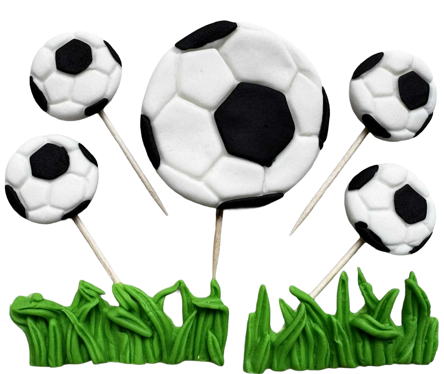 Fotbalová sada 7 jedlých dekorací z cukrové hmoty na dort – 2–6 cm
