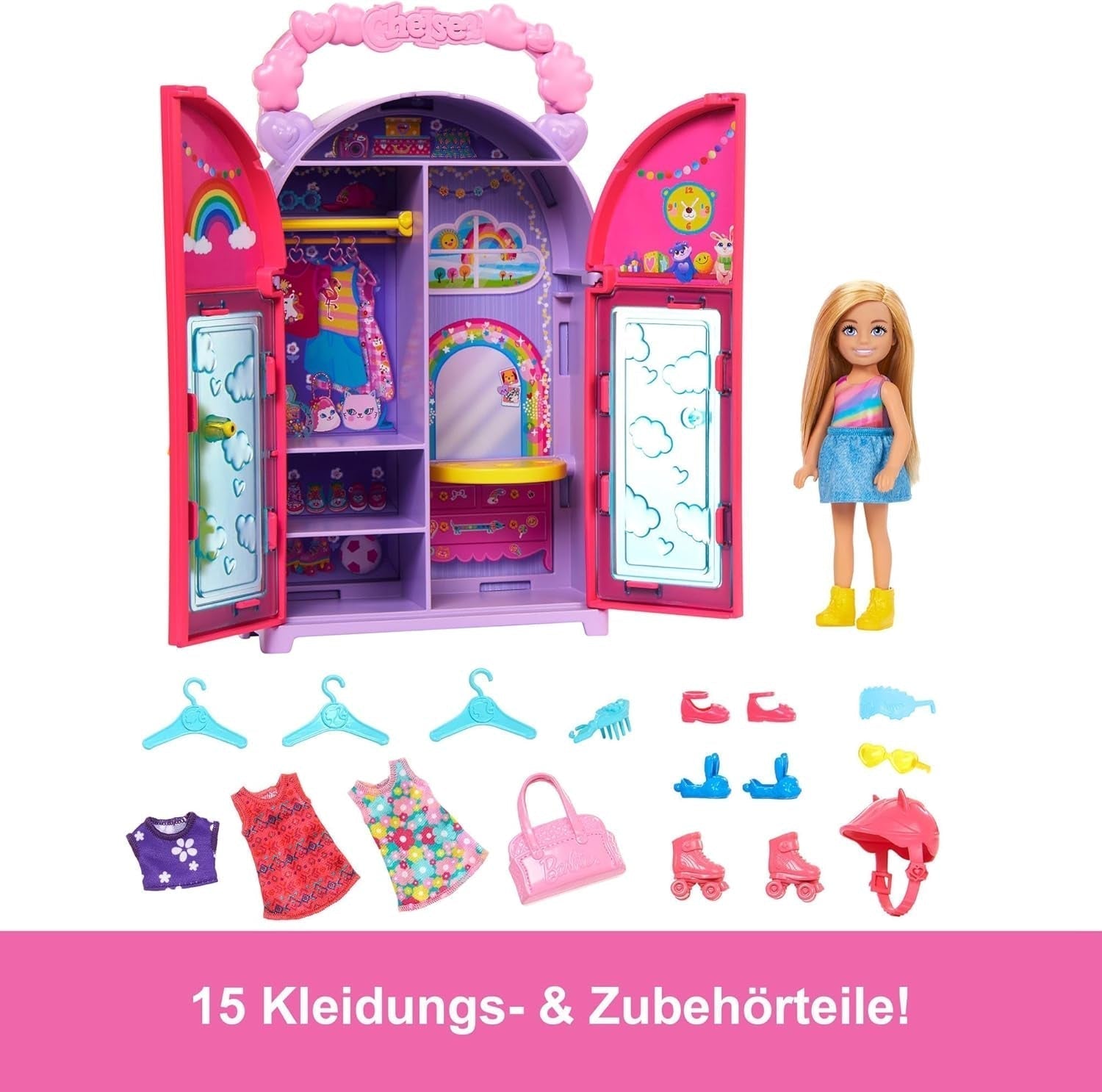 Barbie Chelsea păpușă și dulap Playset cu haine și accesorii, set de 17 piese, pliabil pentru a juca pe drum și depozitare, HXN03 Papusi Naty Shop
