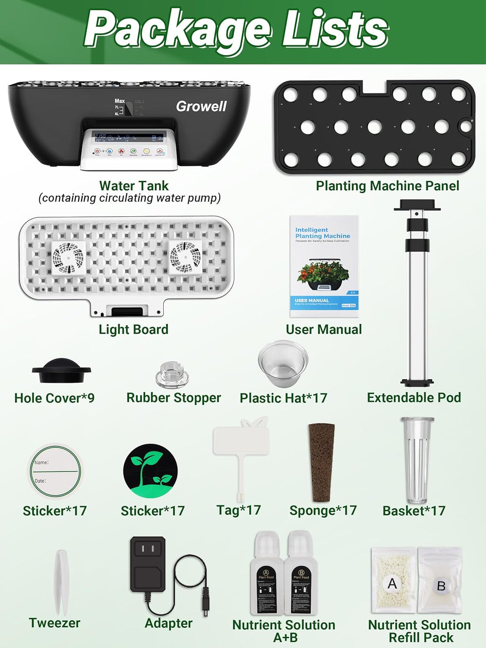 Sada 17 kapslí pro hydroponii pro bylinkovou zahradu se 102 28W celospektrálními pěstebními světly a 2 ventilátory pro vnitřní zahradu s nádrží na vodní čerpadlo