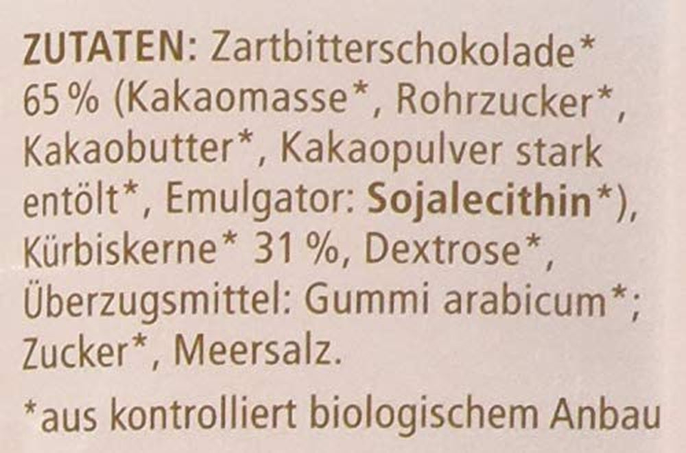 Landgarten Bio dýňová semínka v hořké čokoládě - Veganská čokoládová svačina z pečených dýňových semínek - zdroj hořčíku - 1 x 50 g
