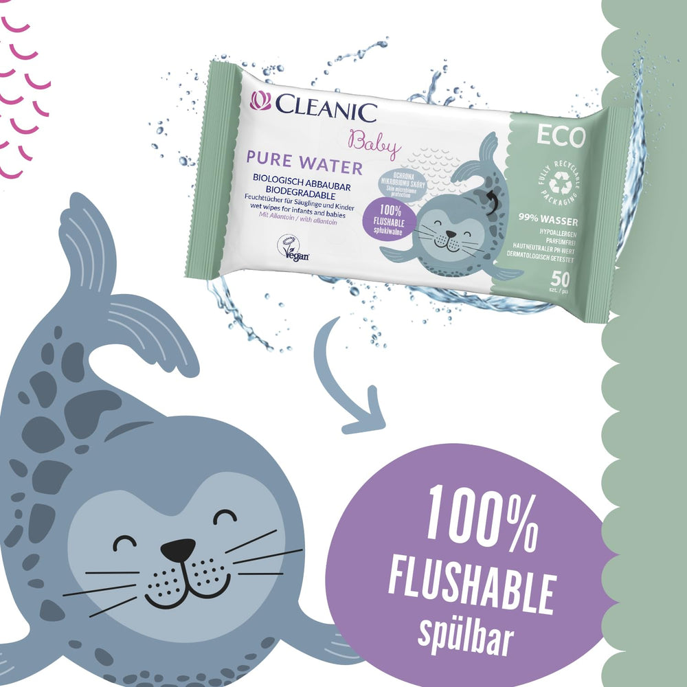 Cleanic Baby Eco Pure Water vlhčené ubrousky – (1 x 50 ks) Vlhčené ubrousky pro děti a kojence – bez parfemace, splachovatelná, citlivá pokožka – 50 ks.
