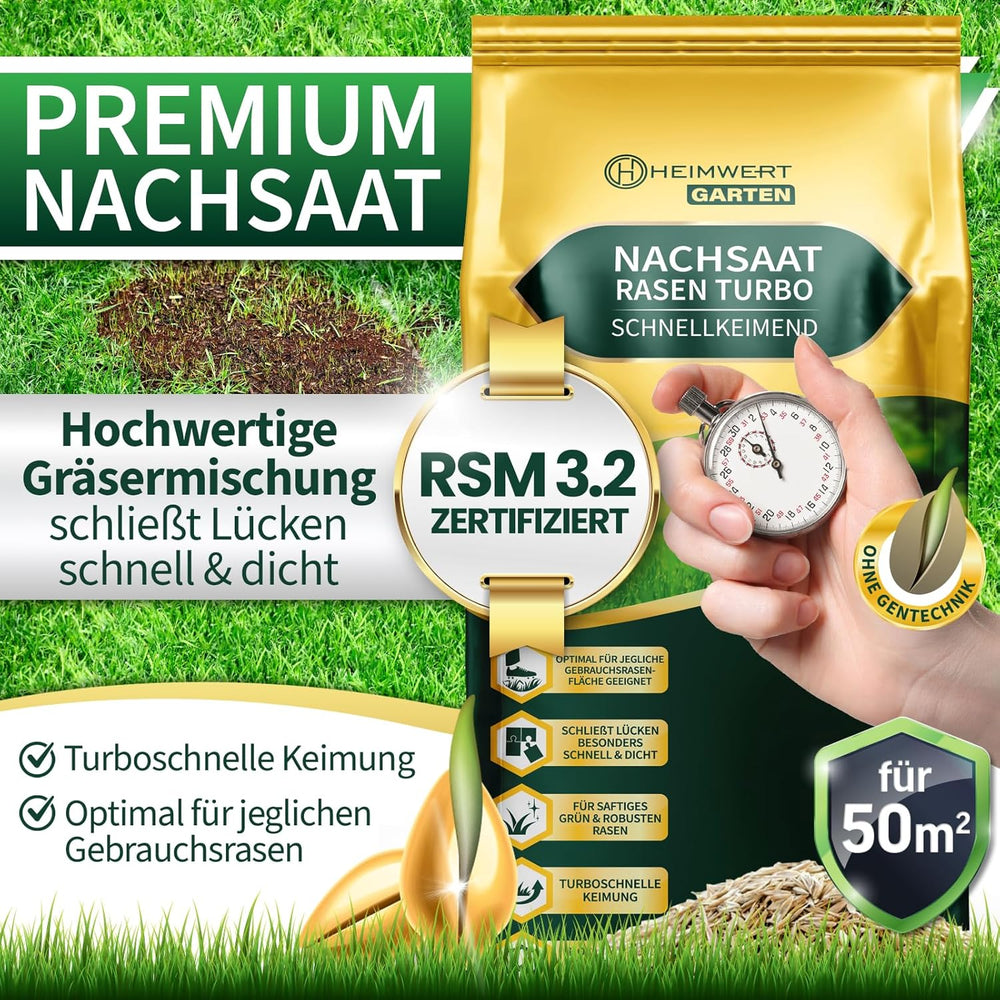 Rasensamen Schnellkeimend Turbo Nachsaat Grassamen Schnellkeimend Nach Original RSM 3.2 Empfehlung Aus Hochwertigster Gräser Mischung - 1Kg Sport Und Spiel Rasen Für 50 M2 - Made in Germany