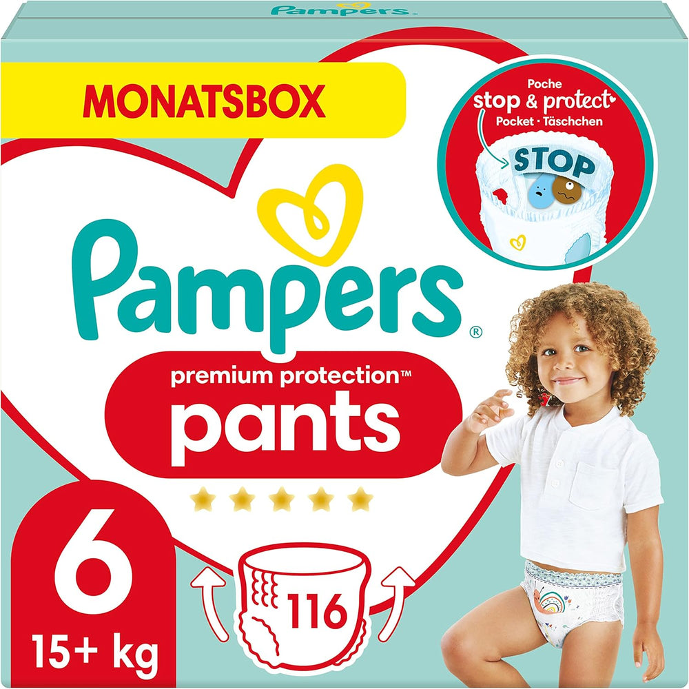Pampers Premium Protection Pants Velikost 7, 123 Plenky, 15 kg+, s 360° nastavením a měkkými manžetami proti protečení pro optimální pohodlí a ochranu