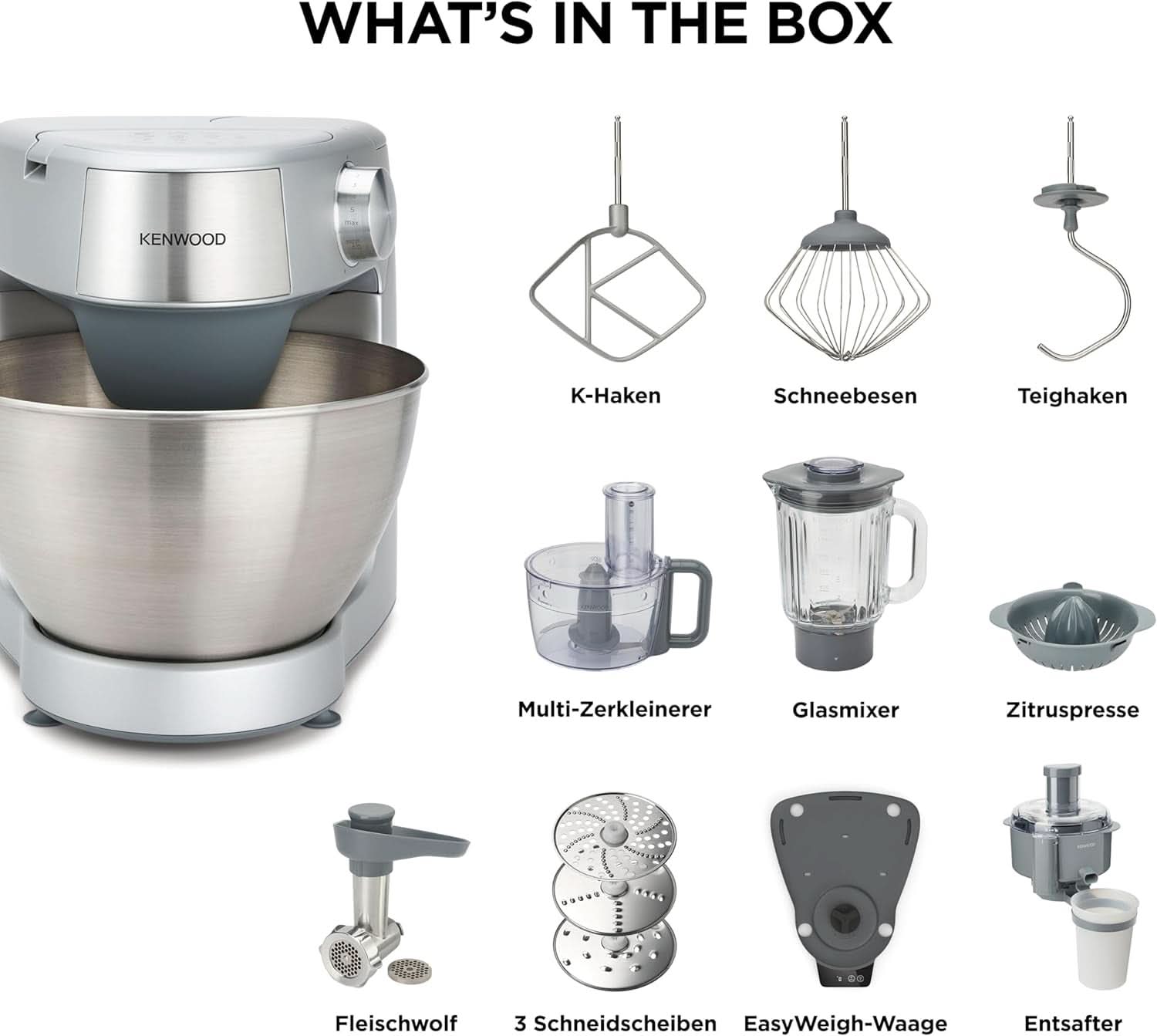 Kenwood Prospero+ KHC29A.R0SI Küchenmaschine, 4,3 L Edelstahlschüssel, Inkl. 10-Teiligem Zubehör-Set Mit Fleischwolf, Glas-Mixer, Zitruspresse, Entsafter Und Mehr, Inkl. Easyweigh Waage, 1000W, Silber Mother and Child Naty Shop