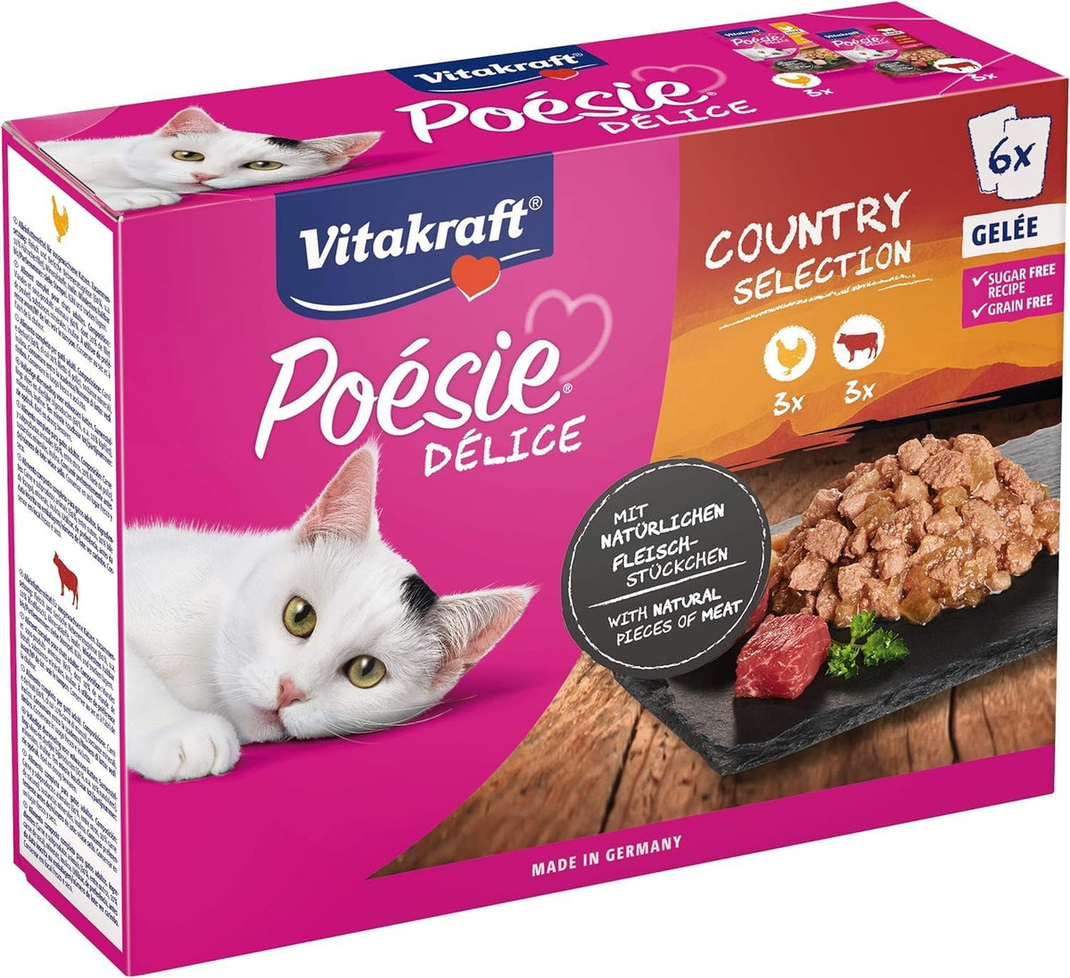 Vitakraft Poésie Délice, Country Selection, Nassfutter Katze, Katzennassfutter Gelee, mit Huhn, mit Rind (1 Paket mit 6x 85g)
