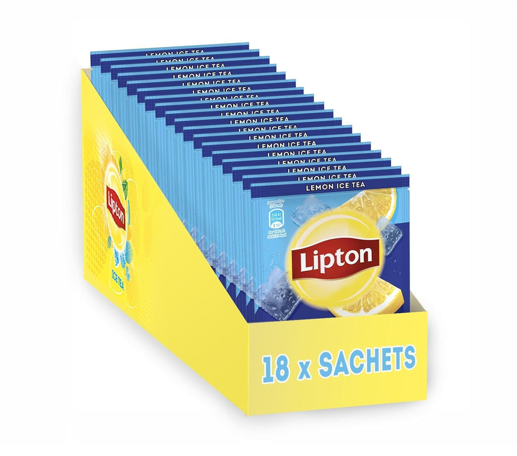 Set de ceai rece Lipton, „Lămâie”, răcoritoare pentru întreaga familie, 18 pliculețe, sub formă de pulbere pentru preparare acasă