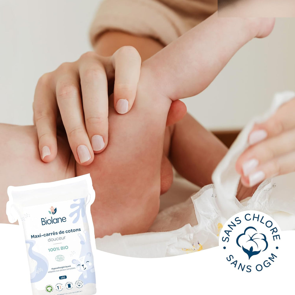 Vlhčené vložky BIOLANE 12 Maxi Squares - Miminka - 100% BIO - 720 Bavlna - pro citlivou pokožku - Přebalovací a toaletní potřeby - od narození - vyrobeno ve Francii