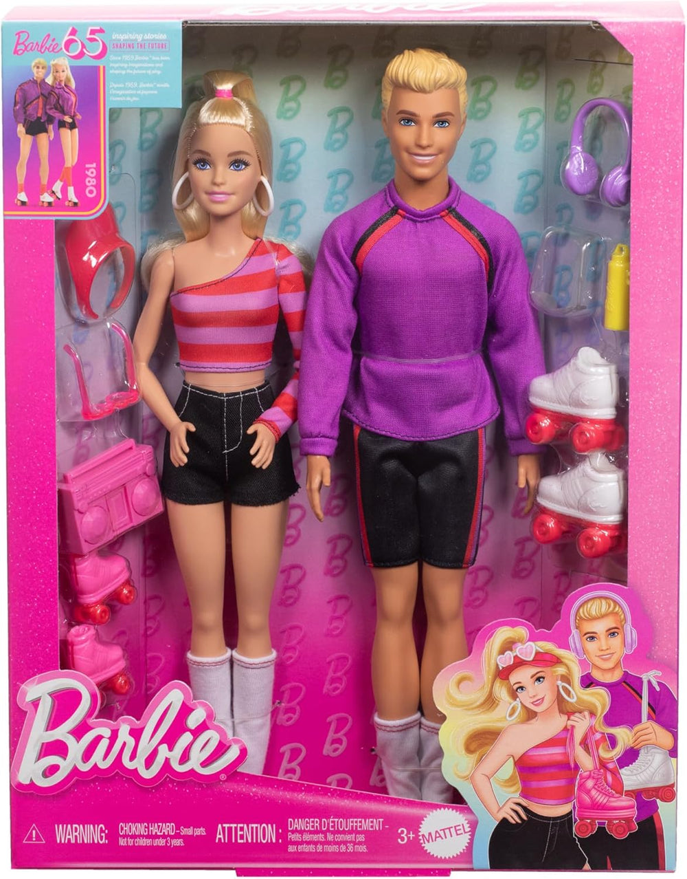 Barbie Fashionistas-Set mit 2 Modepuppen und 6 Zubehörteilen, Barbie und Ken Rollschuh-Modepuppen, Sammelfiguren zum 65. Jubiläum, HXK90