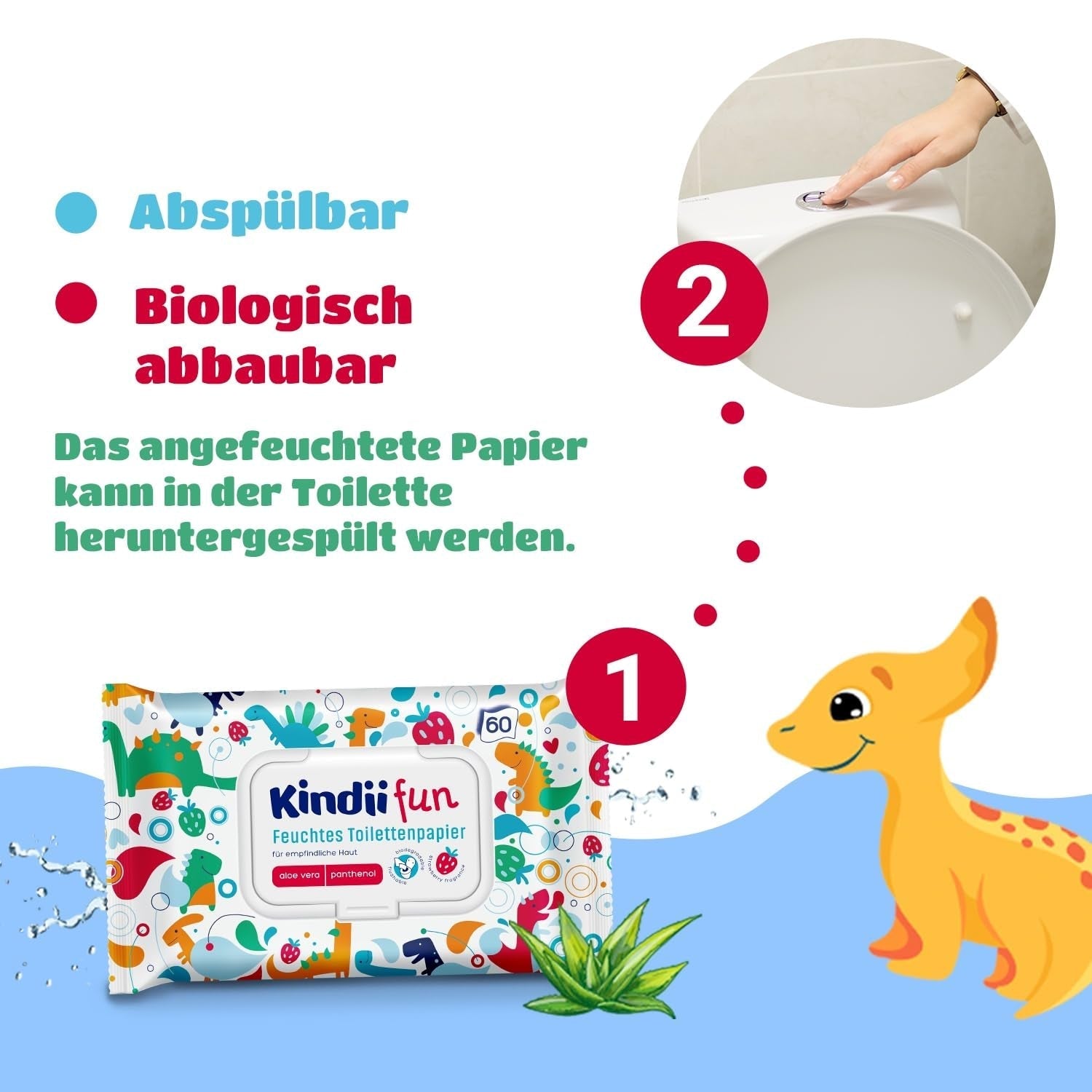 Hârtie igienică umedă Kindii Fun - (10X60 bucăți) Hârtie igienică umedă - Mușețel, Aloe Vera, Ph-Neutru, Vărsabilă, Reîmprospătează zona intimă - 600 bucăți