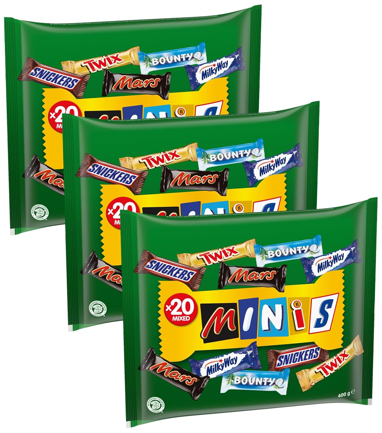 Hromadné balení mini míchané čokolády, 20 mini čokoládových svačin (Mars, Snickers, Bounty, Twix, Milky Way), jako bonbón, čokoládový dárek, bonboniéra, 400 g
