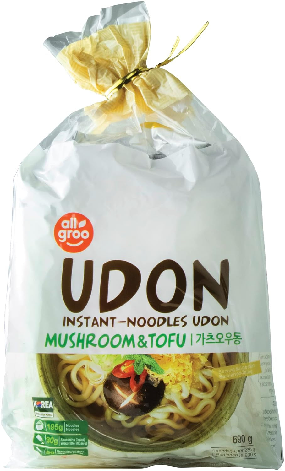 Allgroo Udon Instant Noodles - Pikantní Udon polévka, rychlá příprava - Obsahuje 3 porce - 1 x 690g