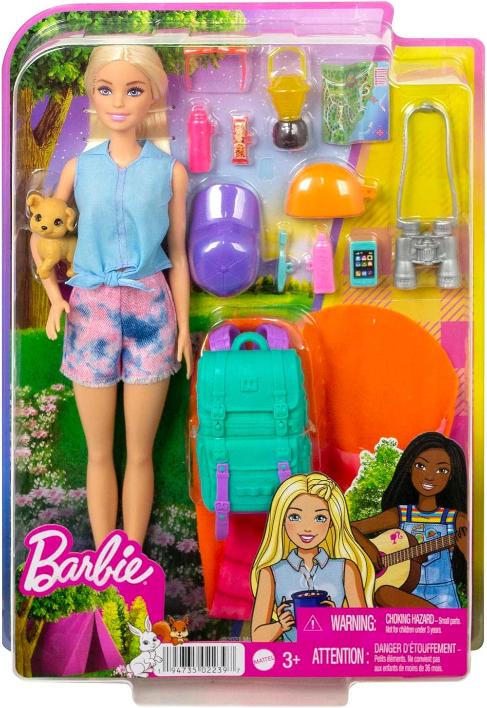 Barbie Camping Serie, 1x Puppe mit blonden Haaren, Wanderrucksack, Outdoor-Ausrüstung, Fernglas, Landkarte, Welpe, Zubehör, Geschenk für Kinder, Spielzeug ab 3 Jahre,HDF73