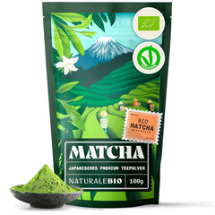 Naturalebio Matcha Ceai pudră bio - Calitate premium - 100G. Ceai verde original din Japonia. Ideal pentru băut. Ceai verde pentru latte, smoothie-uri. Produs în Uji, Kyoto.