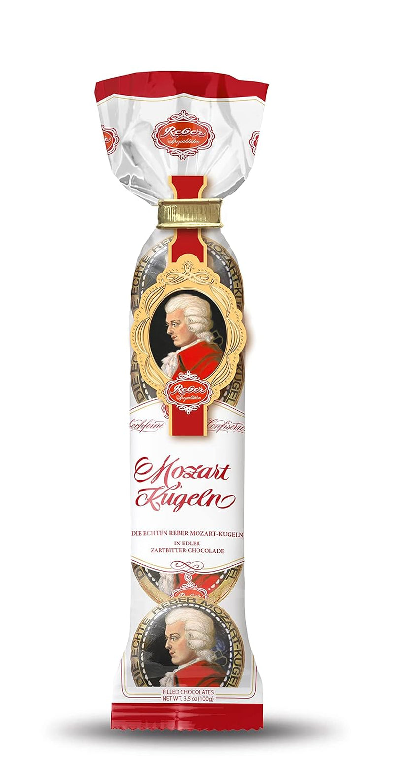 Reber, Mozart - bile, pungă de 5, bile Mozart din ciocolată neagră, umplute cu marțipan, 100 grame Bomboane de Ciocolata Naty Shop 5 bucăți (pachet de 3)