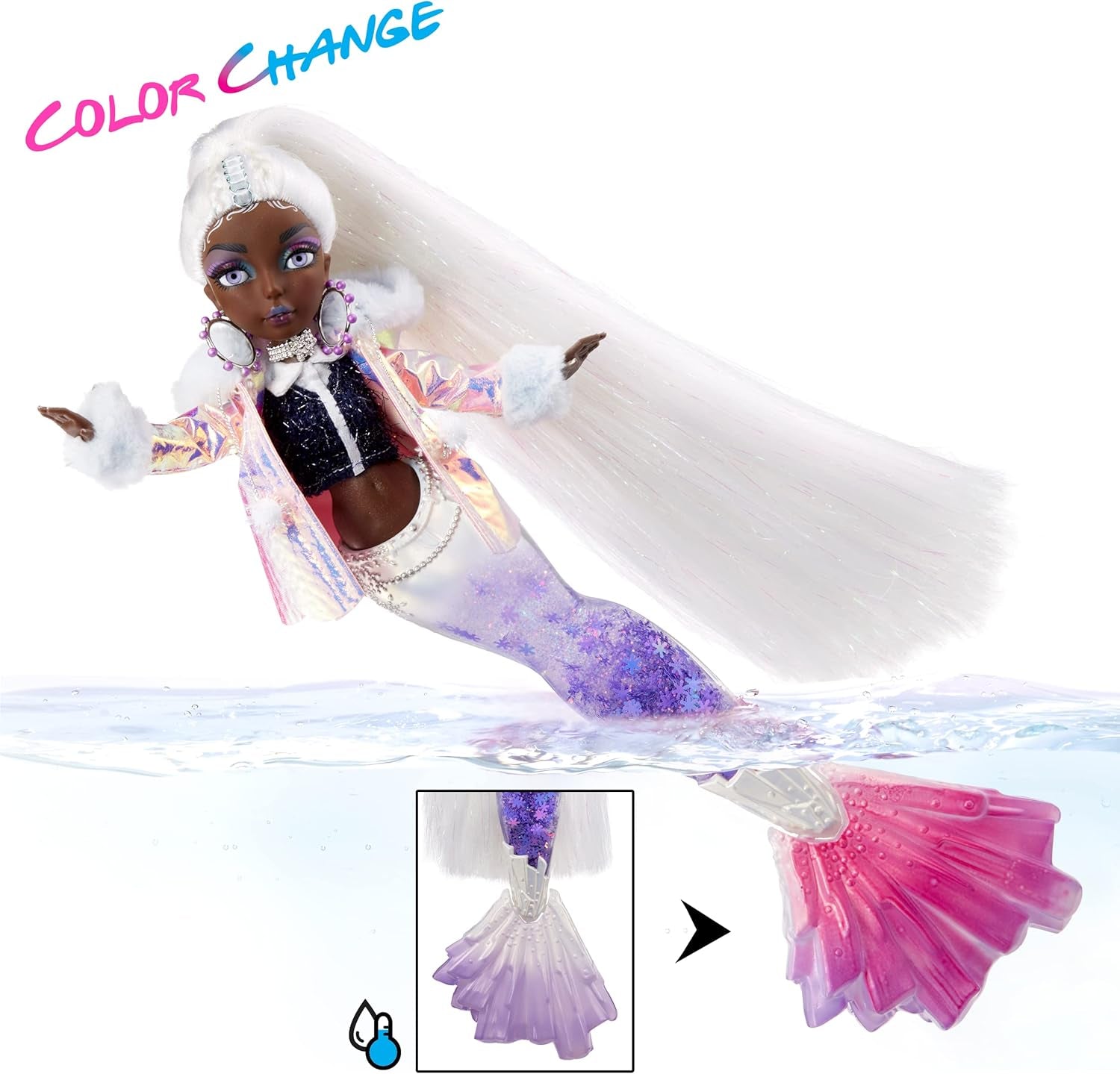 Mermaze Mermaidz™ Zimní vlny Crystabella™ Meerjungfrau-Modepuppe s barevnou vatou, lesknoucí se schwanz und Zubehör