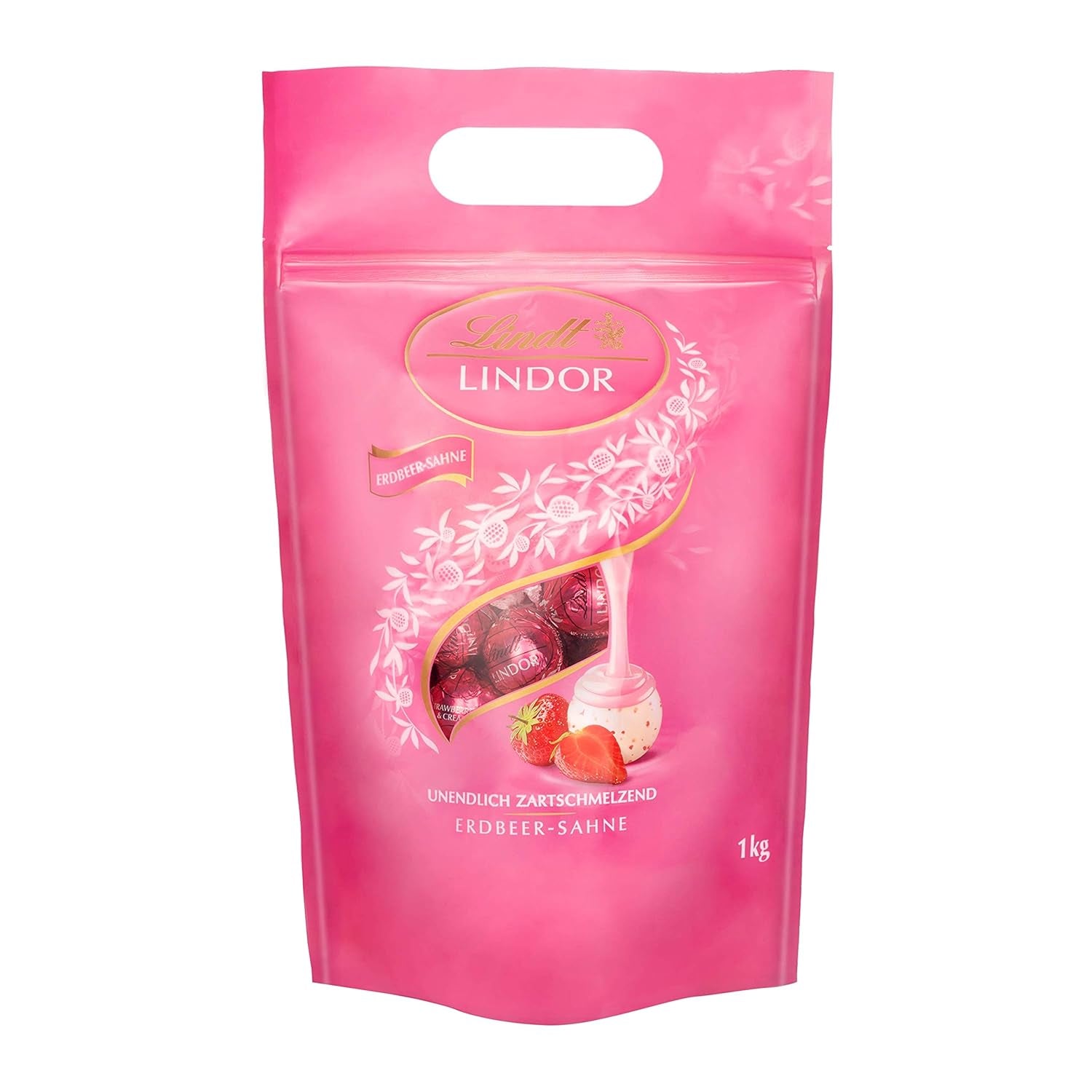 Lindt LINDOR Extra tmavé čokoládové kuličky a LINDOR Jahodové krémové čokoládové kuličky | 1 kg uzavíratelný sáček | cca. 80 bílých čokoládových kuliček s jahodovým krémem