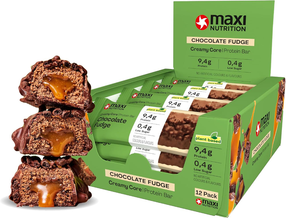 MaxiNutrition Krémová veganská proteinová tyčinka s čokoládou, arašídy a karamelem 12x45g - veganská proteinová tyčinka, 18% protein, 8,3g na tyčinku, nízký obsah cukru (0,9g), bez přidaného cukru, bez umělých aromat
