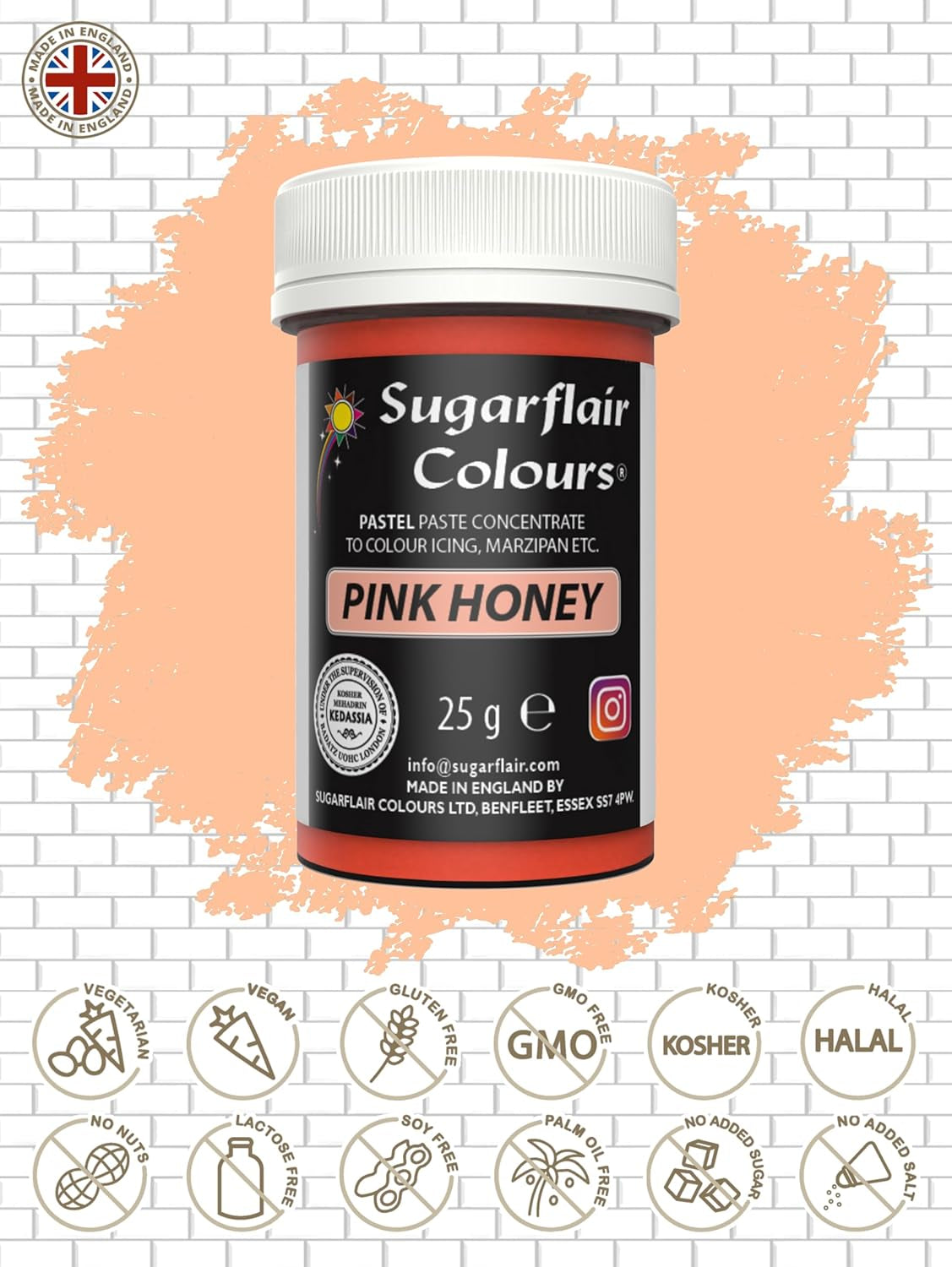 Pastă de colorant alimentar Sugarflair Pastel Pink Honey - Foarte concentrată pentru utilizare cu cremă de unt, pastă de zahăr, glazură regală sau amestecuri pentru prăjituri, colorant alimentar vibrant - 25 g