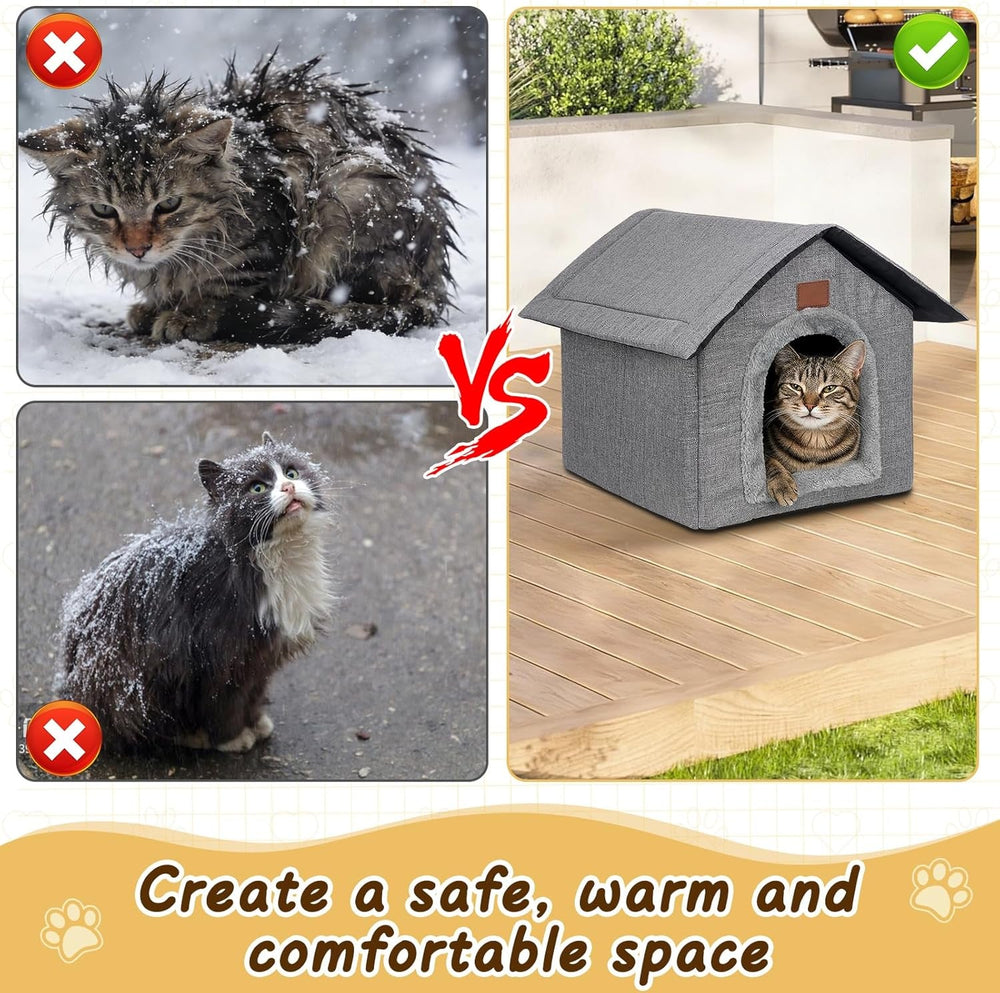 Katzenhaus Outdoor Winterfest, Katzenhöhle, Hundehöhle mit Abnehmbarem Plüschkissen, Wasserdicht Wetterfester, Hundehütte Indoor, Hundehaus für Drinnen/Indoor 35x30x35cm (Grau, S)
