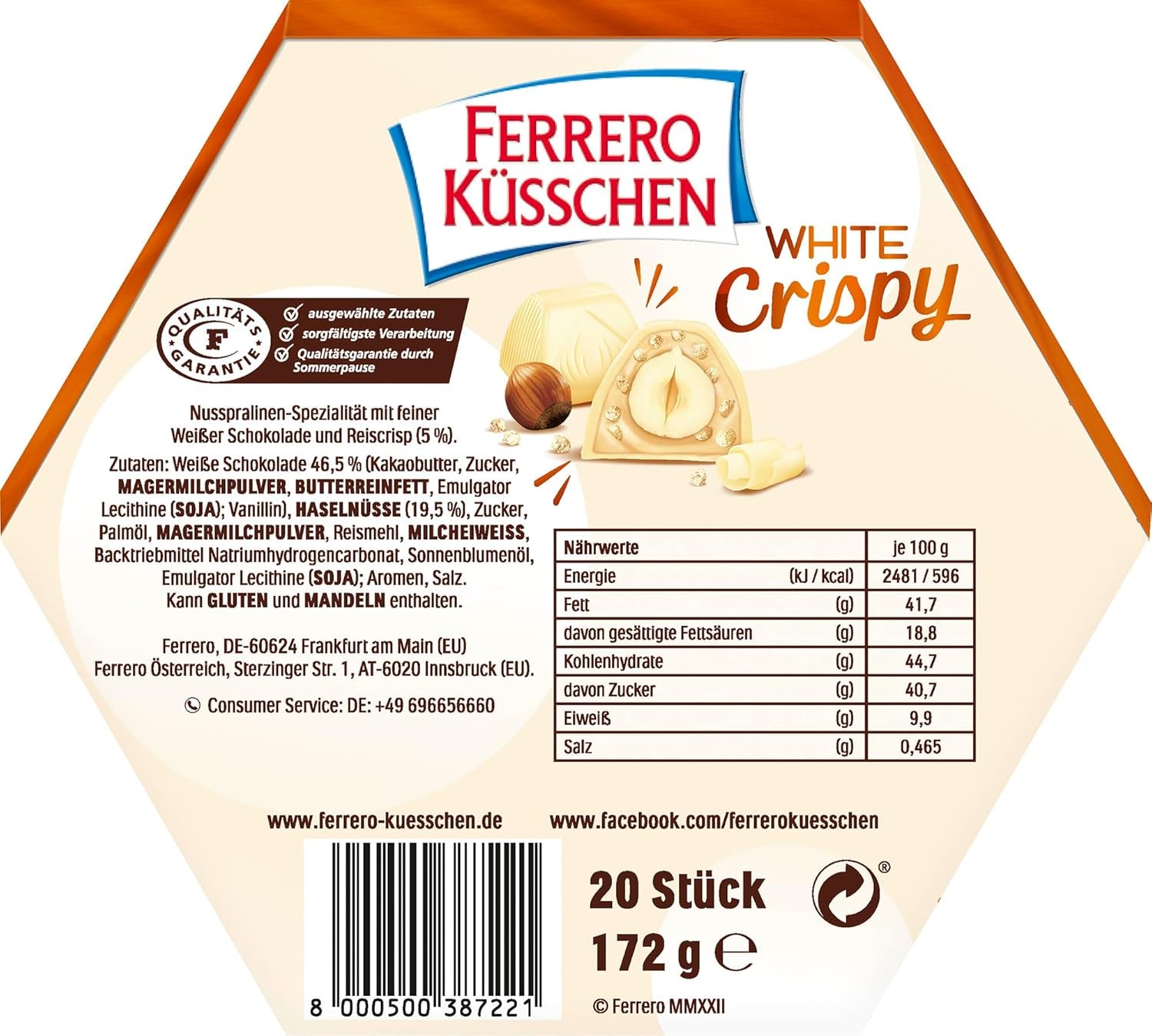 Ferrero Küsschen White Crispy - Valentýnský dárek pro něj a pro ni - Křupavé pražené lískové oříšky ve světlém krému s křupavými lupínky, pokryté bílou čokoládou, 1 balení 20 kusů jednotlivých pralinek