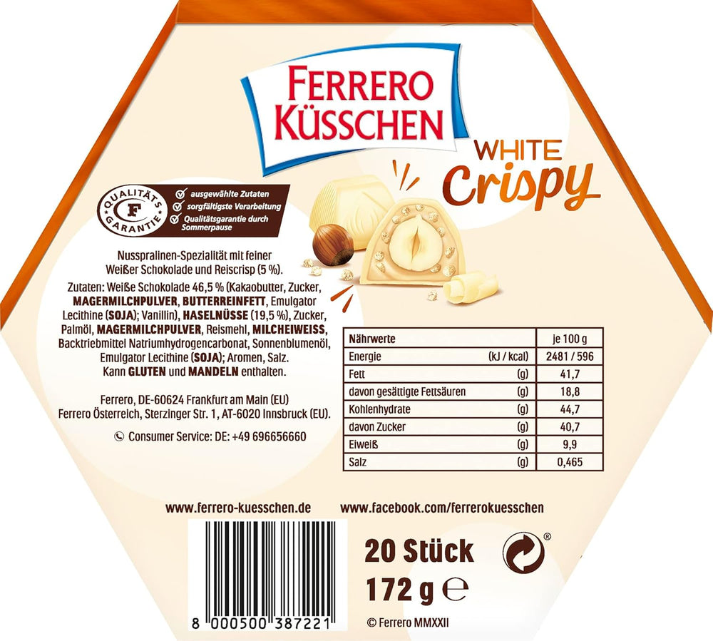 Ferrero Küsschen White Crispy - Valentýnský dárek pro něj a pro ni - Křupavé pražené lískové oříšky ve světlém krému s křupavými lupínky, pokryté bílou čokoládou, 1 balení 20 kusů jednotlivých pralinek